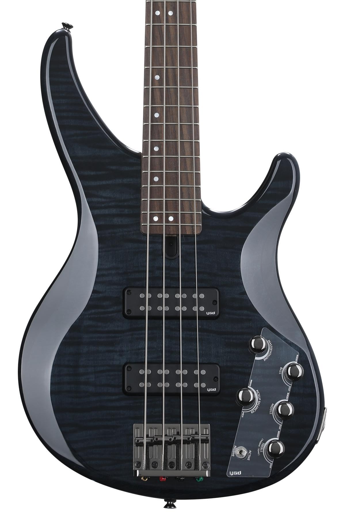 YAMAHA - Bajo TRBX604 de 4 cuerdas de arce flameado, negro translúcido