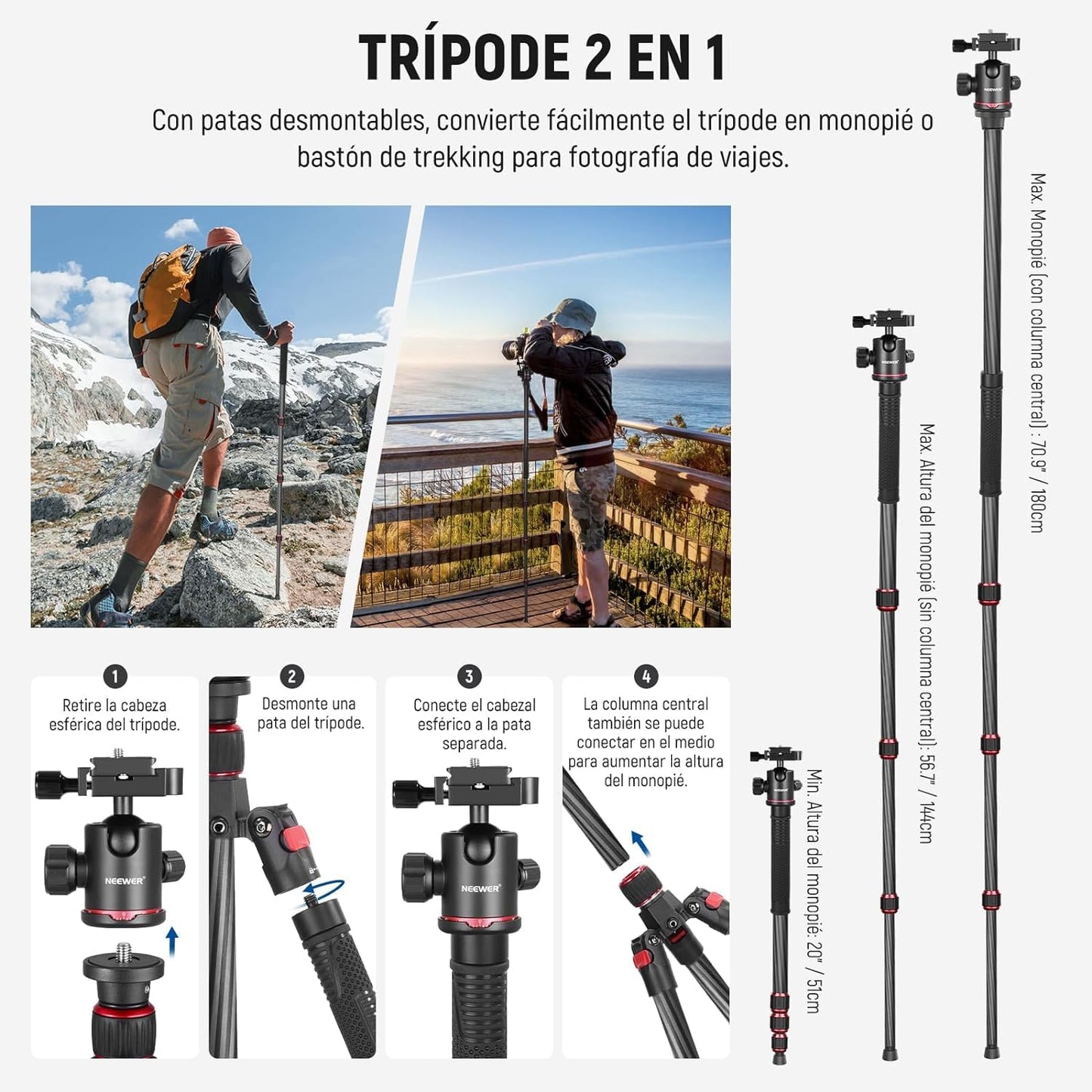 Trípode Monopie Neewer Negro Ligero con Rótula Giratoria 360° y Nivel de Burbuja 168cm para Cámara