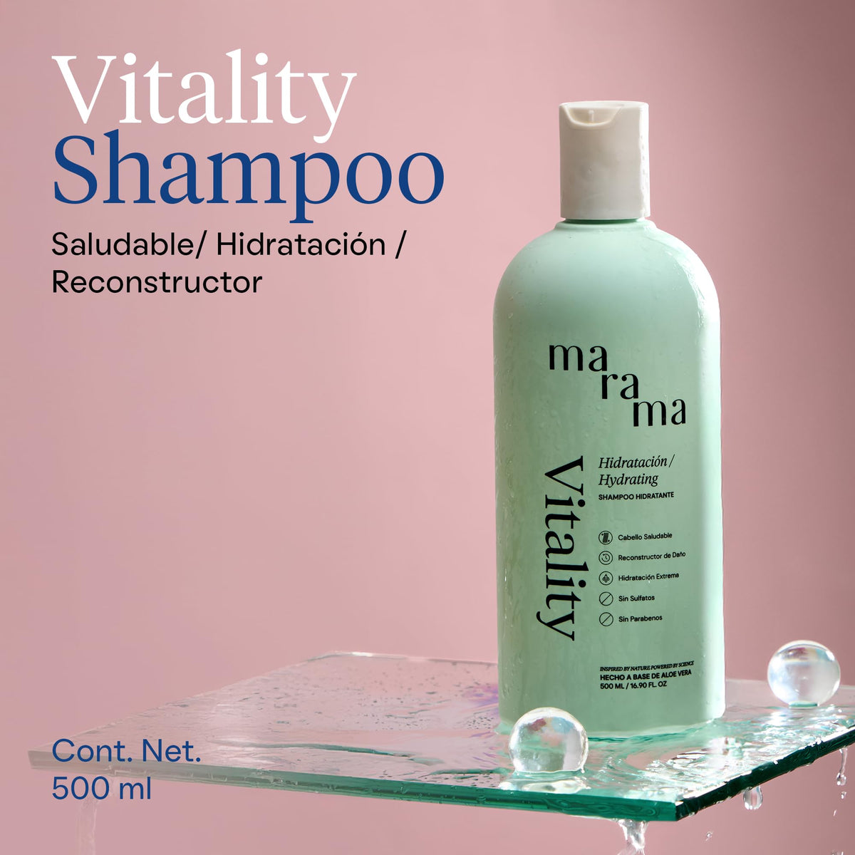 MARAMA | Vitality Shampoo sin Parabenos - Aloe Vera - 500 ml | Fortalece - Tratamiento para pelo Maltratado - Suavizante | Anti Frizz Cabello | Vegano - Cruelty-Free - Reciclable