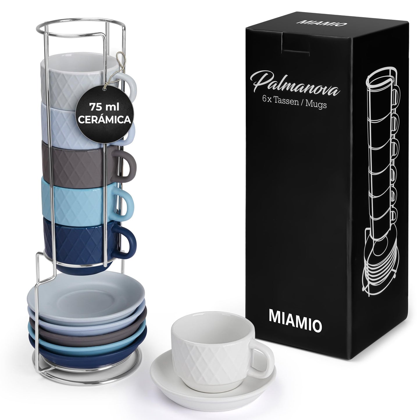 Juego Moderno de Tazas de Café Expreso MIAMIO Azul Océano con Soporte y Platillos