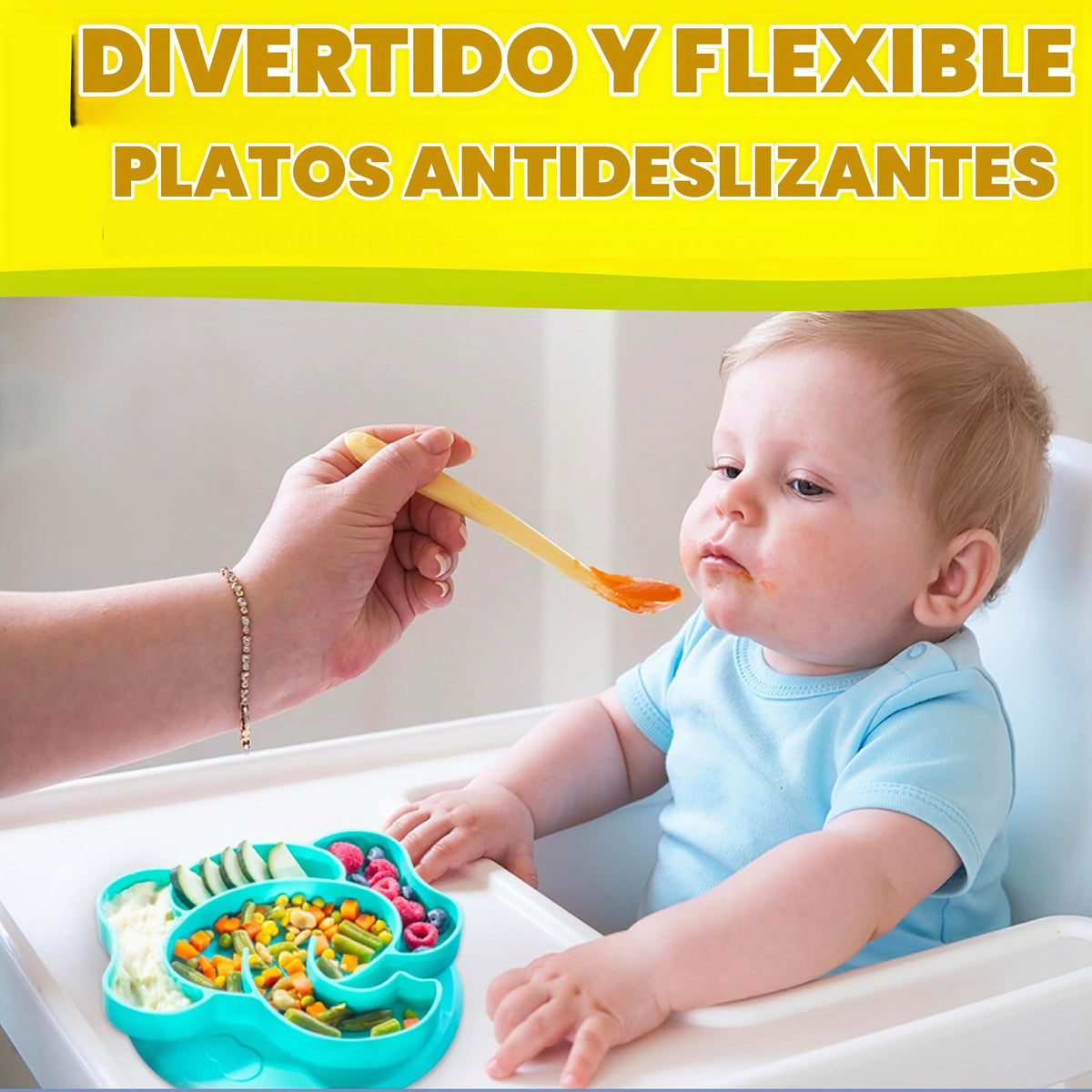 Platos divididos antideslizantes de silicona para niños pequeños, 3 diseños divertidos (león, overol, elefante), compartimentos grandes para un fácil entrenamiento de alimentos, irrompible para