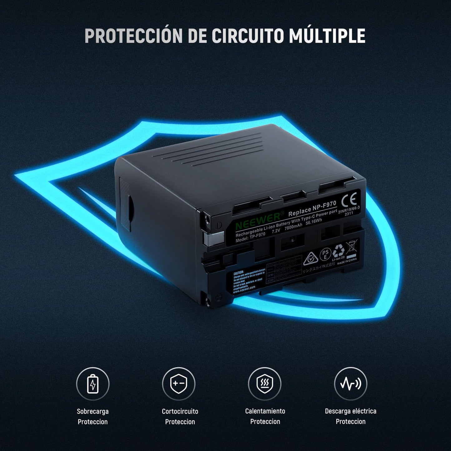 Baterías Recargables NEEWER NP-F970 7800mAh en Negro con Carga Rápida Tipo C para Videocámaras y Monitores