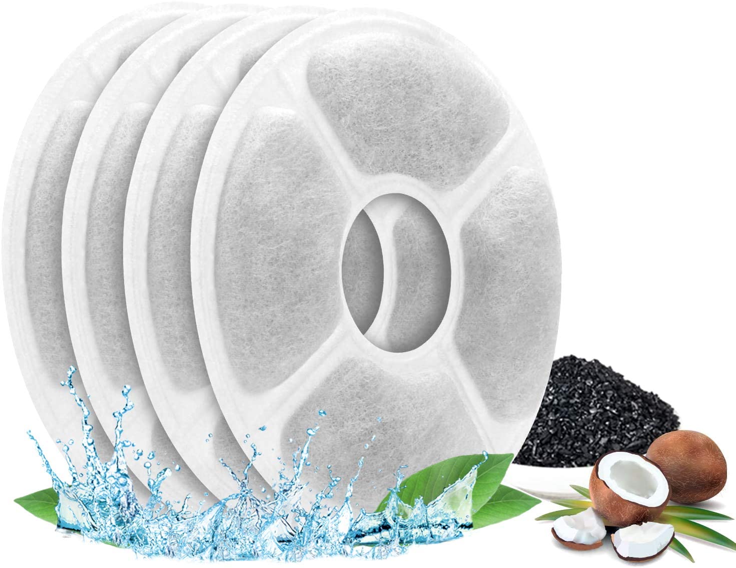 KAMYSEN 4 filtros de repuesto de carbono para flores de mascotas，Filtro para fuente de agua para gatos, Triple Action Fountain Filter，ayuda a aumentar el consumo de agua y mantener a las mascotas saludables, Round Filters 4 Pack