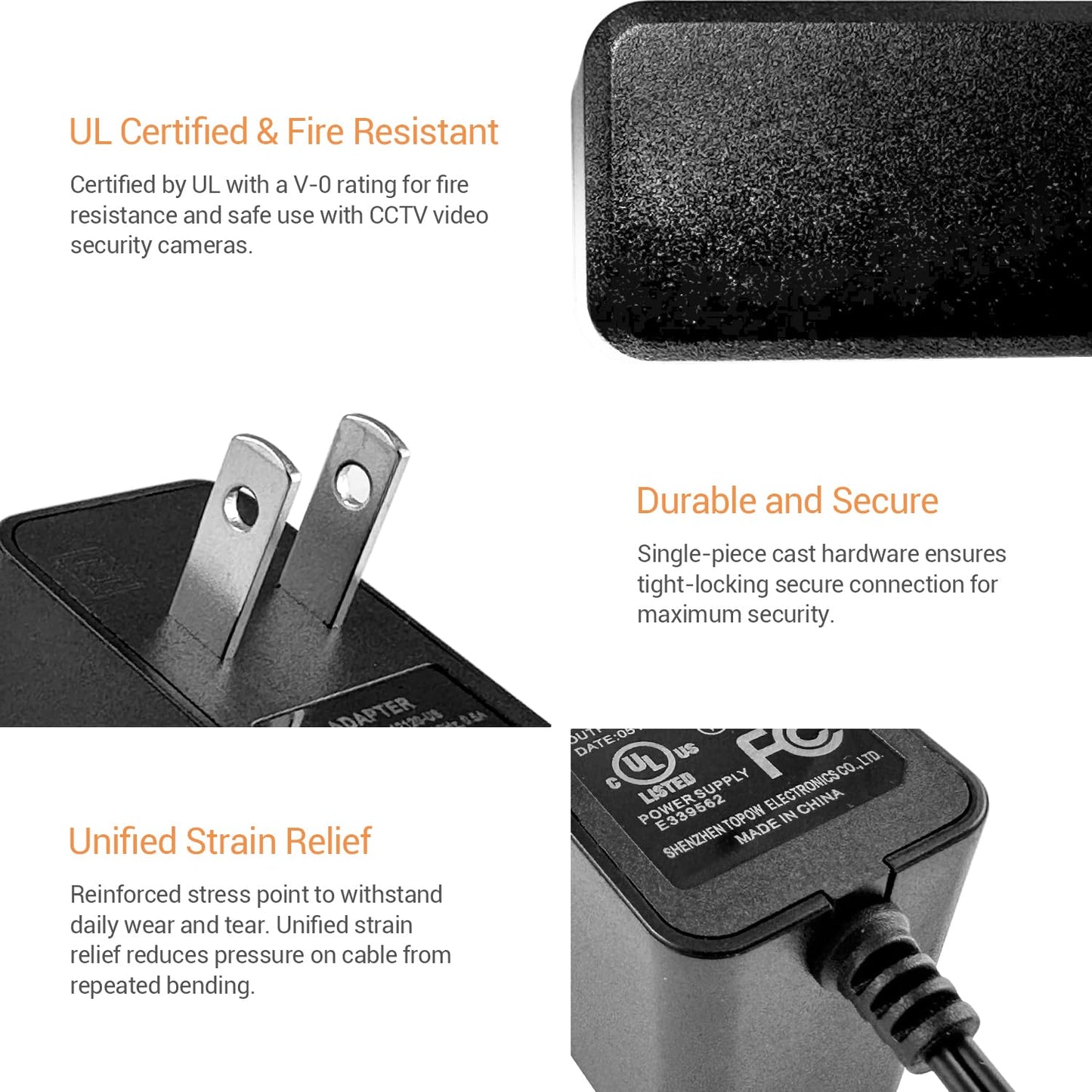 TIGERSECU Adaptador de Corriente AC/DC para cámara de Seguridad con certificación UL, Fuente de alimentación de 12 V 1 A 100 V-240 V 2,1 x 5,5 mm (Paquete de 2)