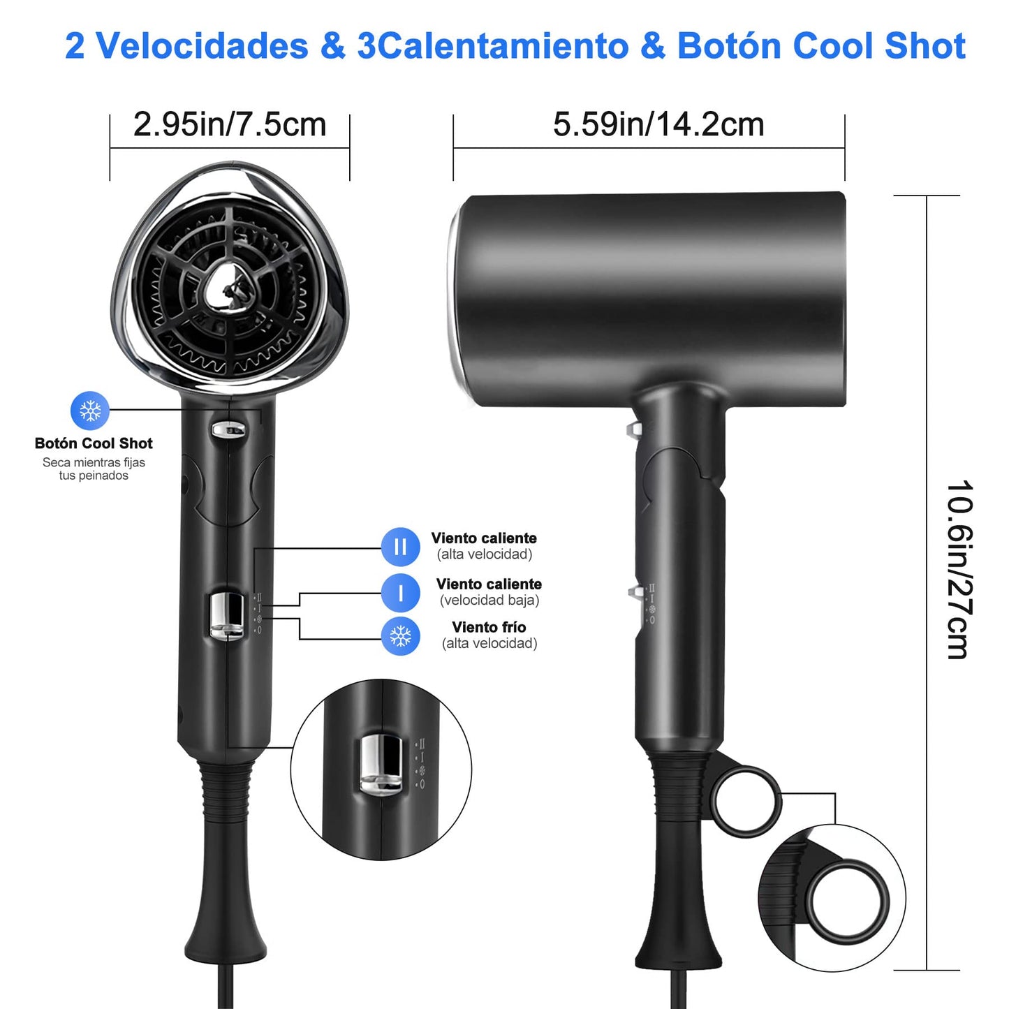 Charlemain Secadora de Cabello de Iónico Negativo, 1800W Secadora de Pelo Profesional con 3 Temperatura Ajustable, Secador de Soplado Plegable con 1 Boquilla de Cabeza Soplado y 1 Difusor （Negro）