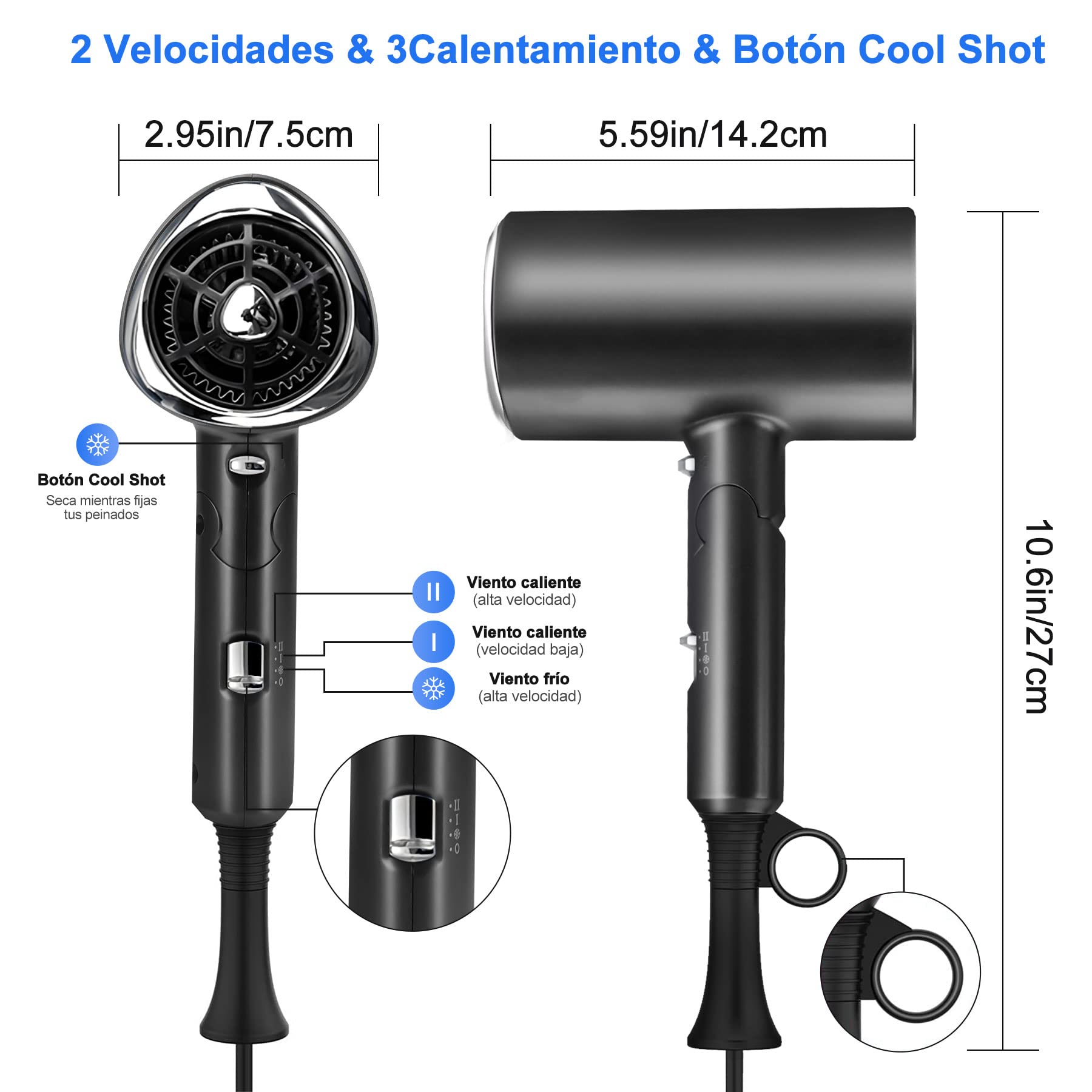 Charlemain Secadora de Cabello de Iónico Negativo, 1800W Secadora de Pelo Profesional con 3 Temperatura Ajustable, Secador de Soplado Plegable con 1 Boquilla de Cabeza Soplado y 1 Difusor （Negro）
