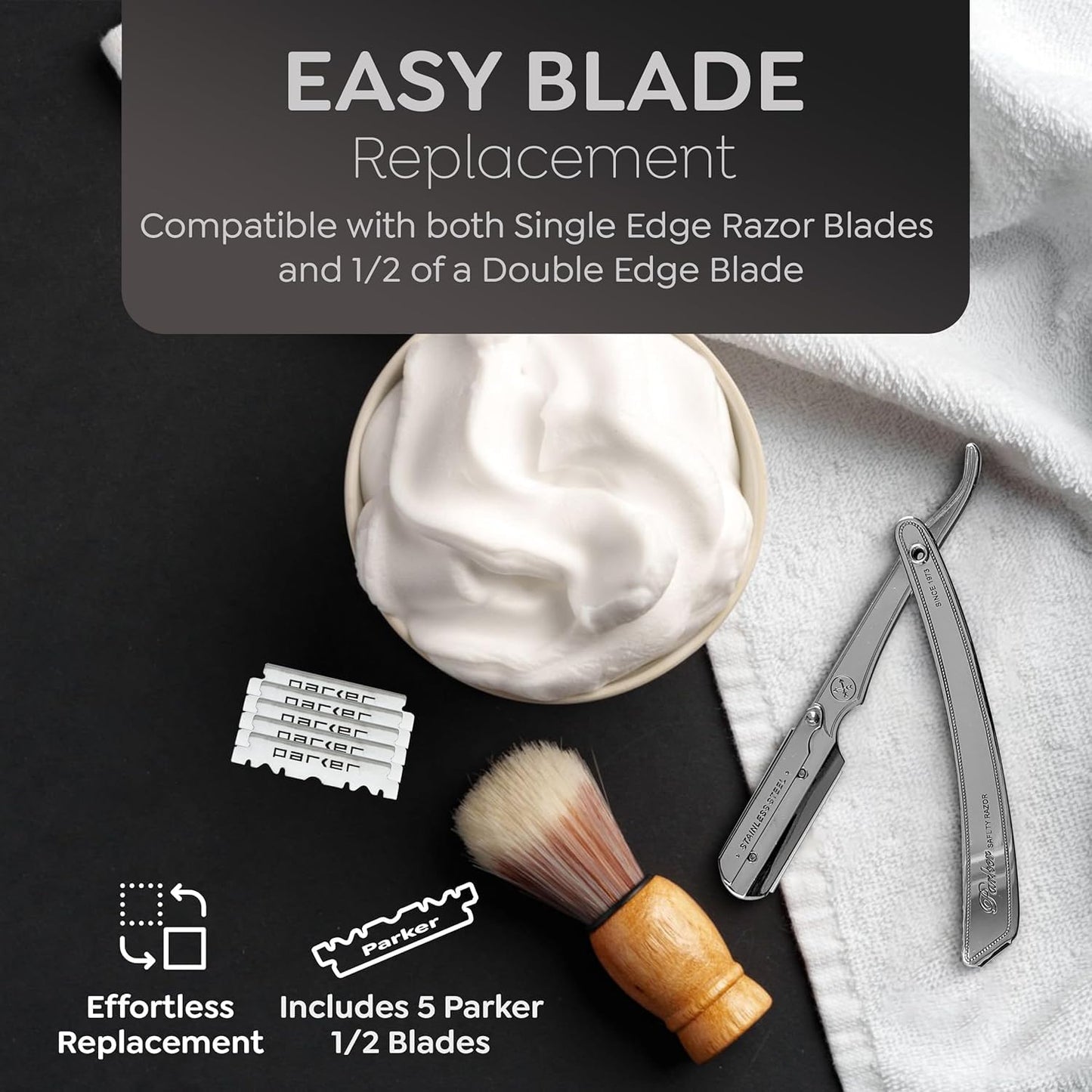 Parker SRX - Maquinilla de afeitar profesional de borde recto 100% acero inoxidable para hombres y 5 cuchillas Parker de borde recto premium – Diseñado para barberías y salas de afeitar