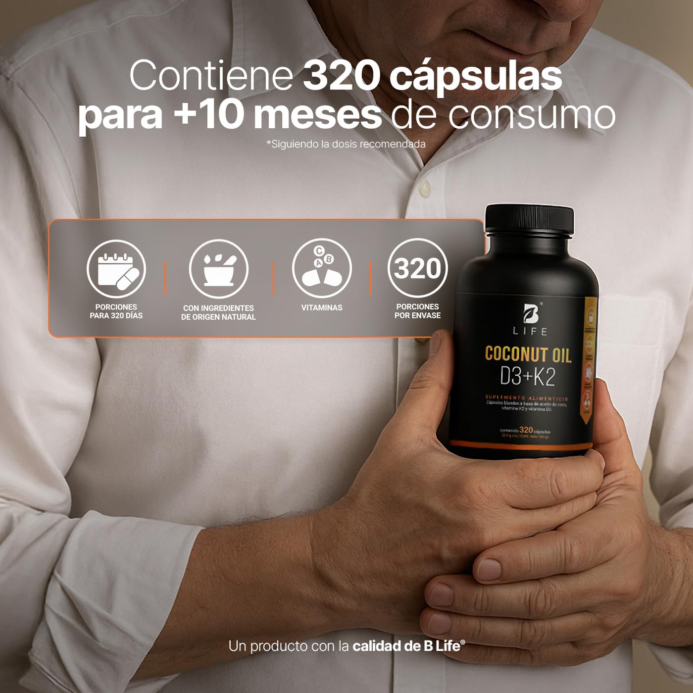B Life Vitamina D3 400 UI + K2 con 320 Softgels. Alta absorsión. Aceite de Coco, Vitaminas D3 y K2. Ingredientes naturales. Coconut Oil D3 + K2.