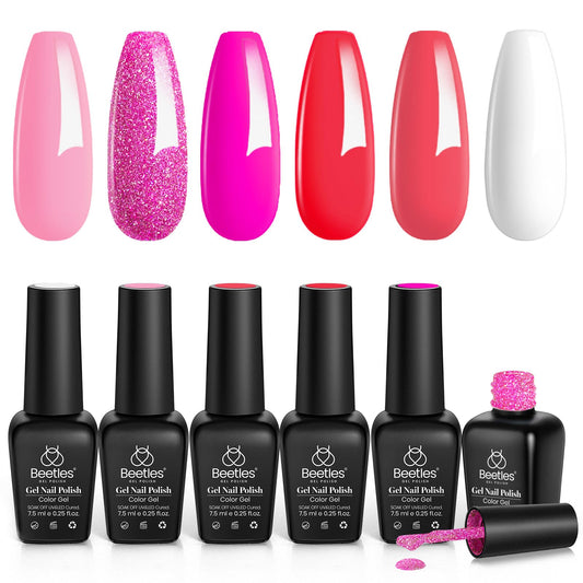 Beetles Valentine's Day Glitter Baby Pink Red Gel Nail Polish Set 6 Colors Pink White Gel Polish Kit Soak Off LED Lamp Nail Gel Kit Christmas New Year Girlfriend Gift for Women Mom Manicure Kit