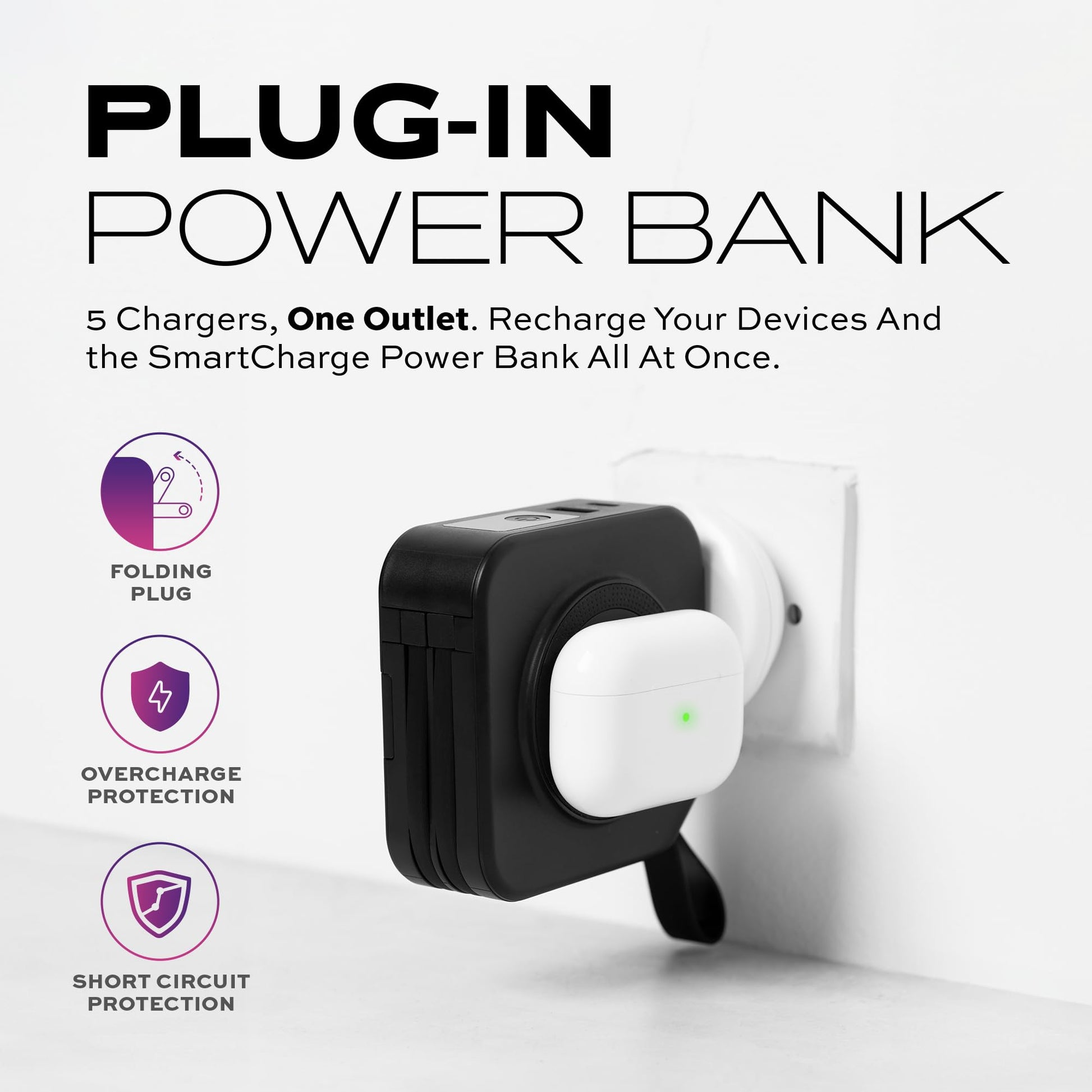 Banco de Energía STATIK SmartCharge 5 en 1 Blanco con Enchufe de Pared y Cables USB C Integrados Compatible con iPhone para Viaje Internacional 10000mAh