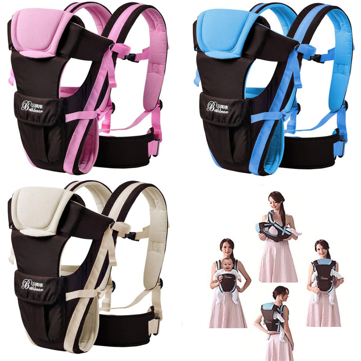 CdyBox Mochila 3D ajustable con 4 posiciones, mochila con estructura suave, ergonómica, parte delantera trasera, recién nacido, bebé (rosa)