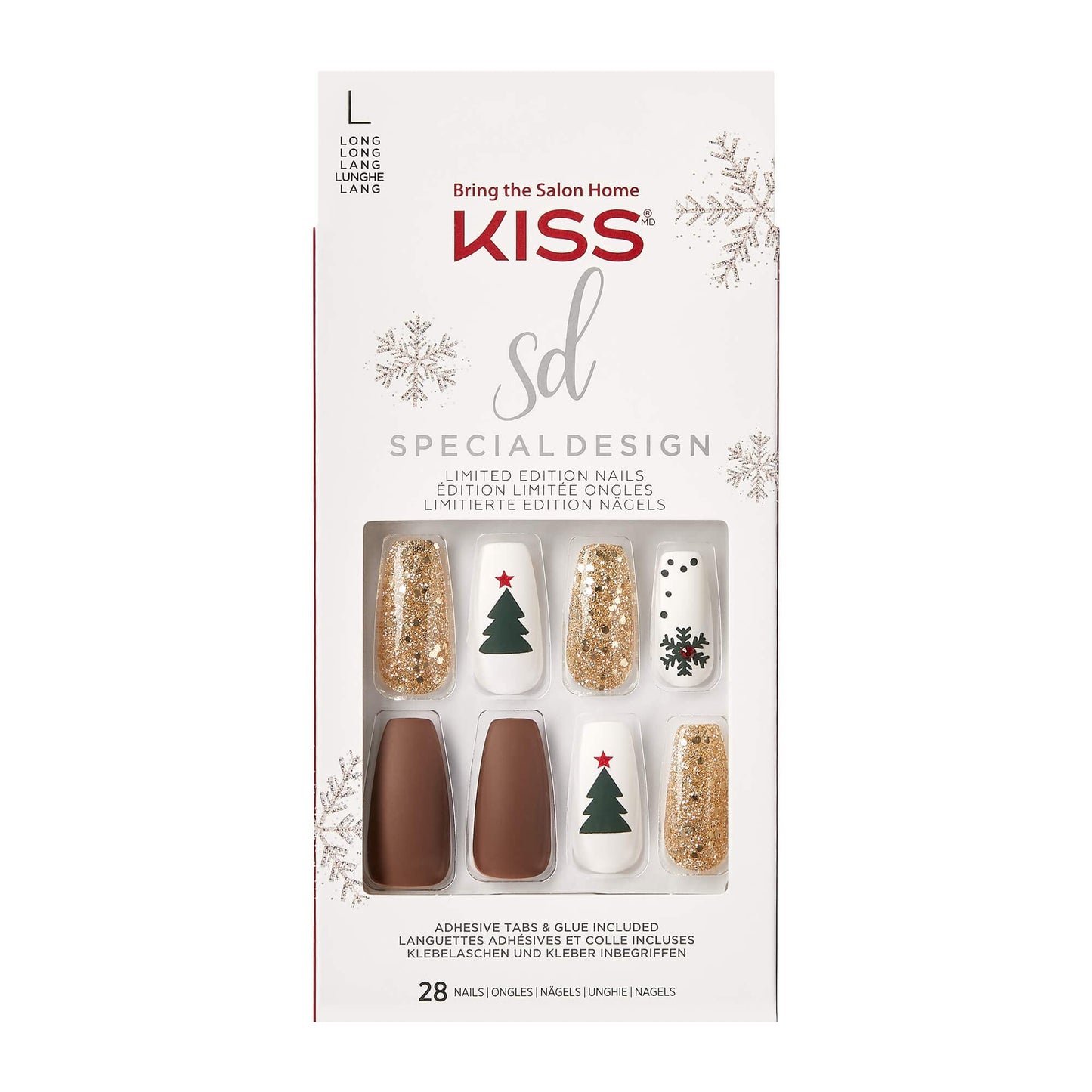 Edición limitada de uñas postizas navideñas de diseño especial, estilo 'suéter abultado', ataúd largo multicolor, con 24 pestañas adhesivas, pegamento para uñas, lima pequeña, palito de manicura y 28