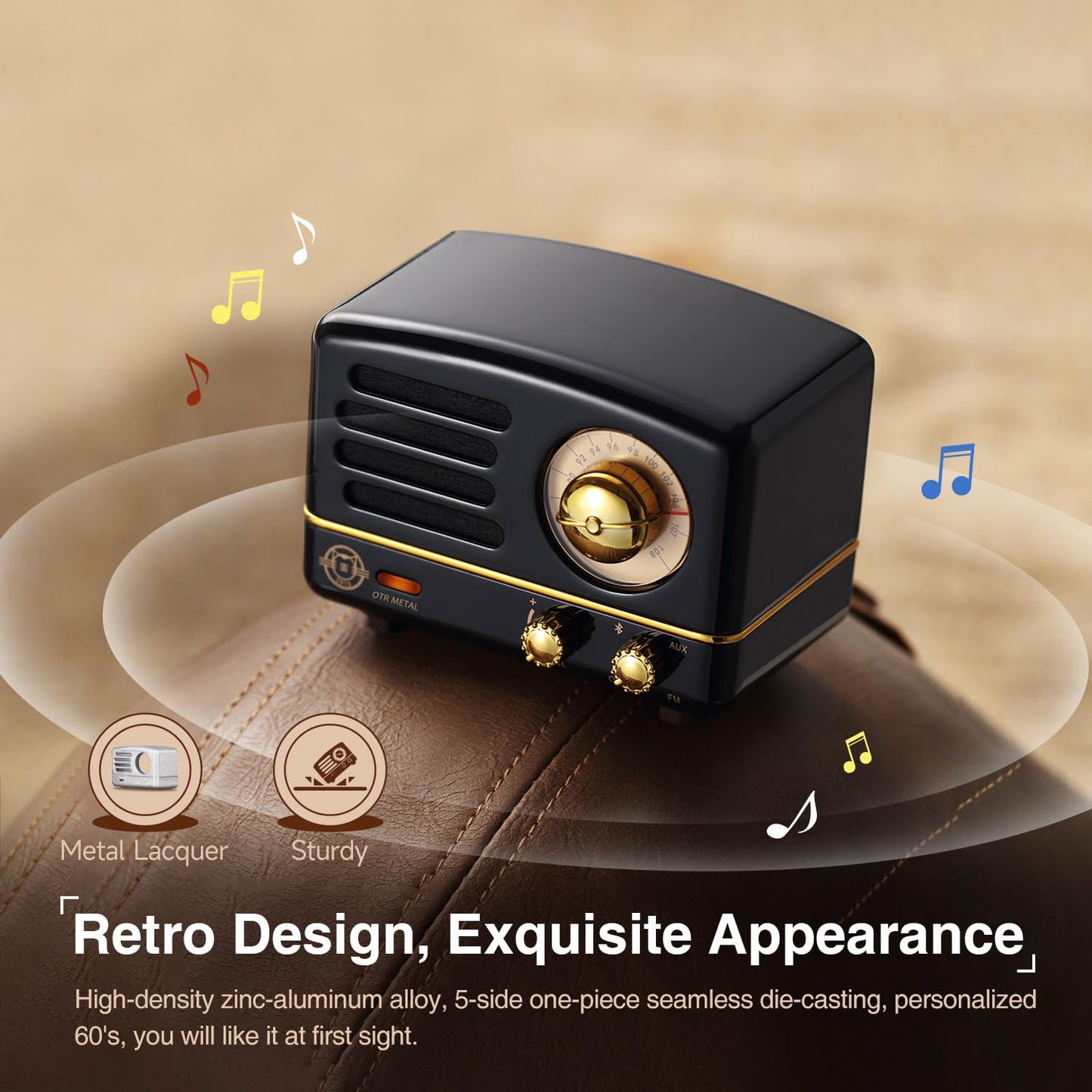 Muzen - Altavoz Bluetooth portátil, Altavoz inalámbrico pequeño de Metal OTR, Radio FM con Antena AUX, 10 Horas de Tiempo de reproducción prolongado, Audio estéreo de Alta fidelidad con veliz,