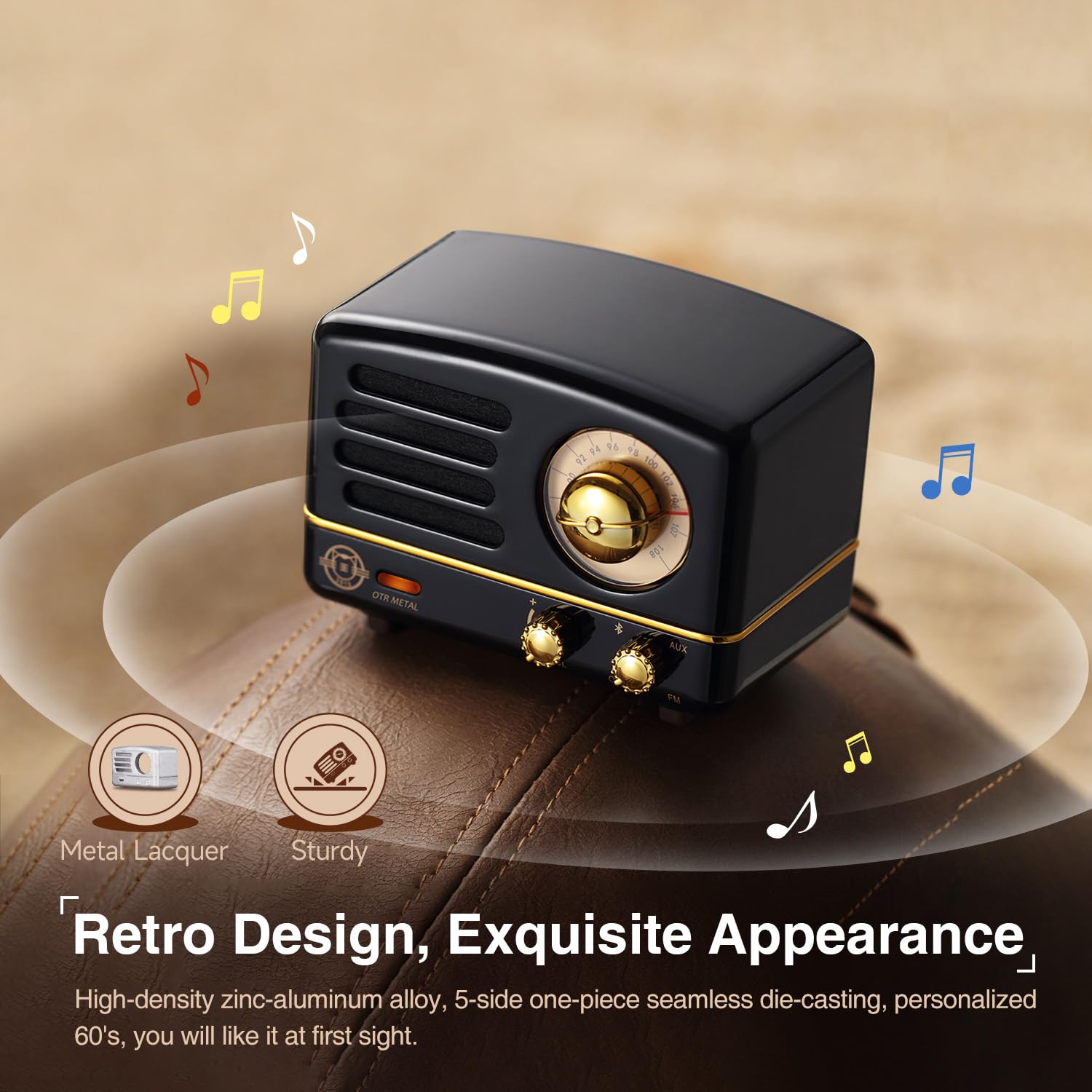Muzen - Altavoz Bluetooth portátil, Altavoz inalámbrico pequeño de Metal OTR, Radio FM con Antena AUX, 10 Horas de Tiempo de reproducción prolongado, Audio estéreo de Alta fidelidad con veliz,