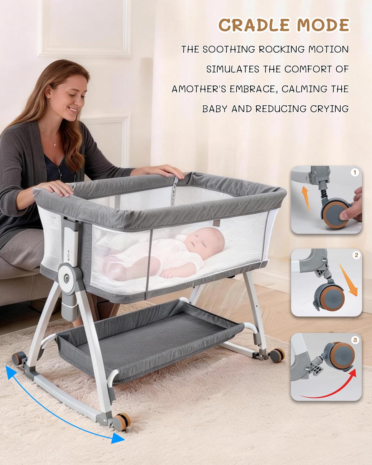Leoavetole - Moisés de cama para bebé, cuna 4 en 1 con ruedas, cuna ajustable de 6 altura con malla transpirable para recién nacidos y bebés (gris profundo)