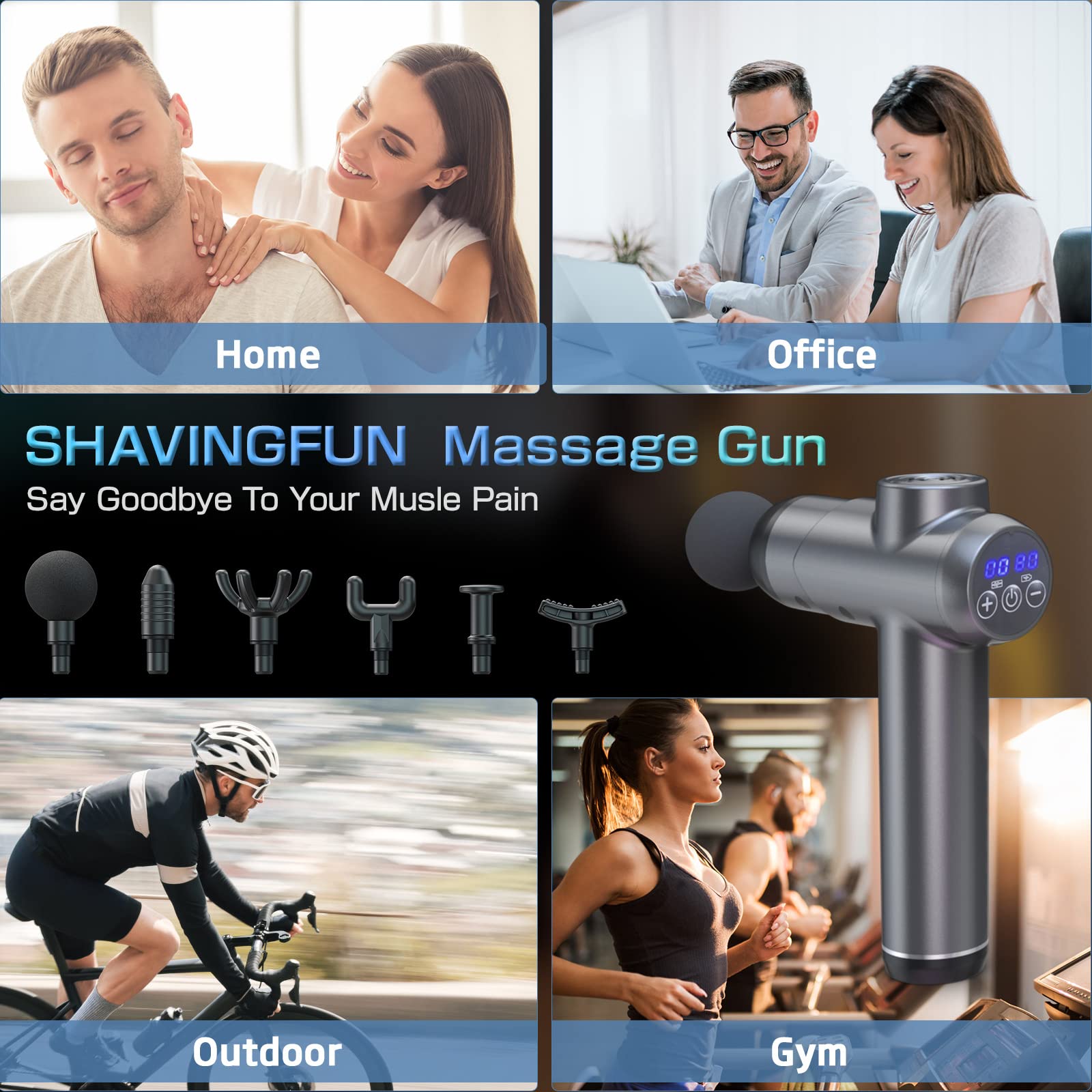 SHAVINGFUN Pistola de Masaje, Masajeador de Mano Recargable de Tejido Profundo con Pantalla LCD, 6 Cabezales de Masaje, 99 Velocidades Ajustables para Alivio y Recuperación del Dolor Muscular