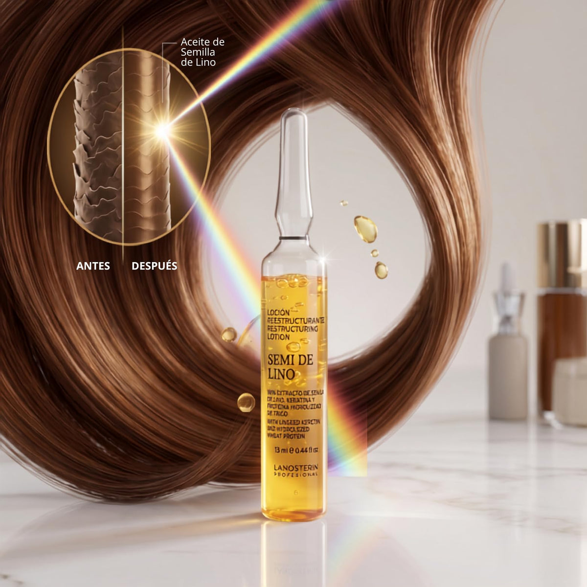 Loción Reestructurante Lanosterín Semi de Lino con Keratina y Proteína de Trigo Anti Frizz y Reparador