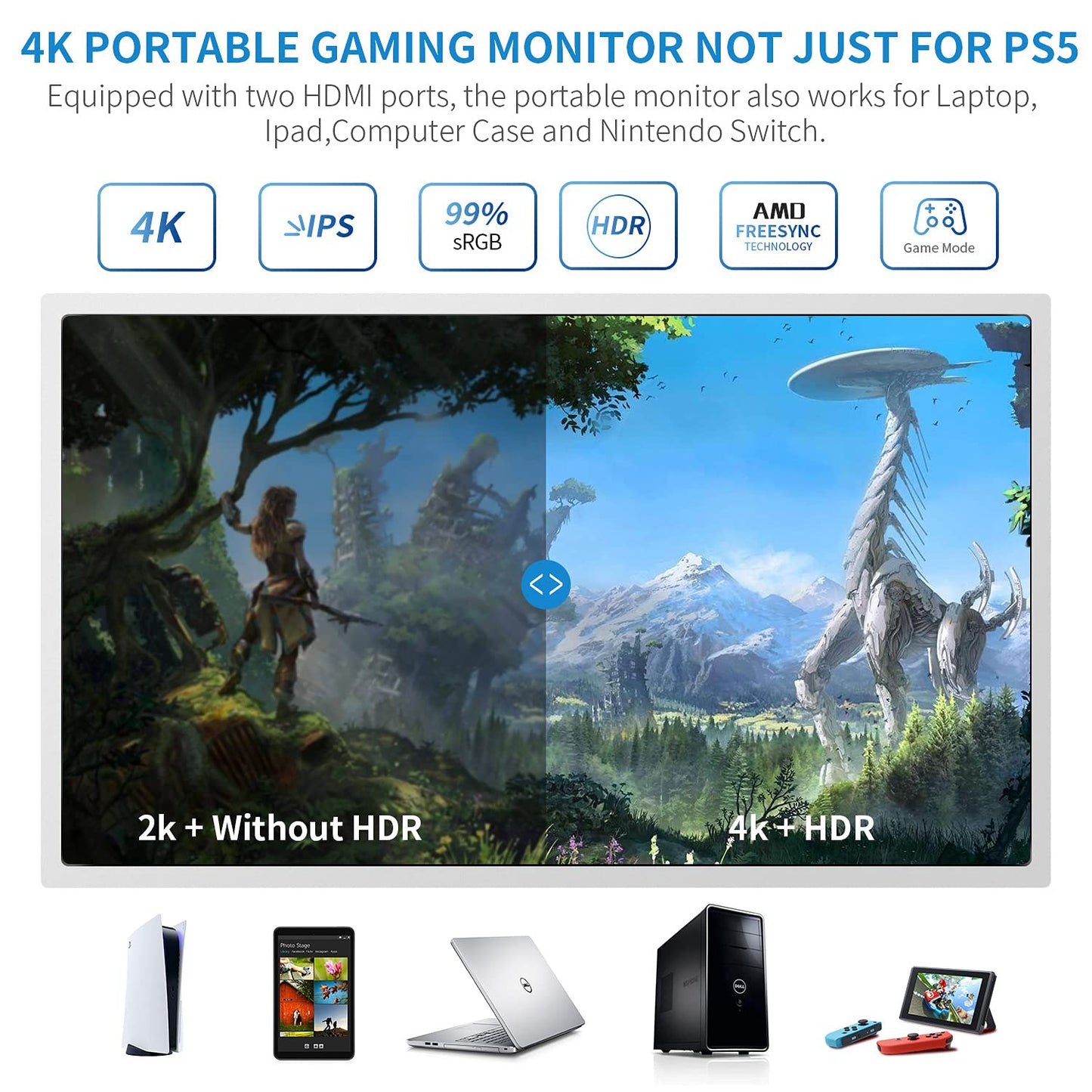 G-Story 15.6" Inch IPS 4k 60Hz Portable Monitor Gaming Display Integrated with PS5(Not Included) 3840×2160 with 2 HDMI Ports,FreeSync,Built-in 2 of Multimedia Stereo Speaker,UL