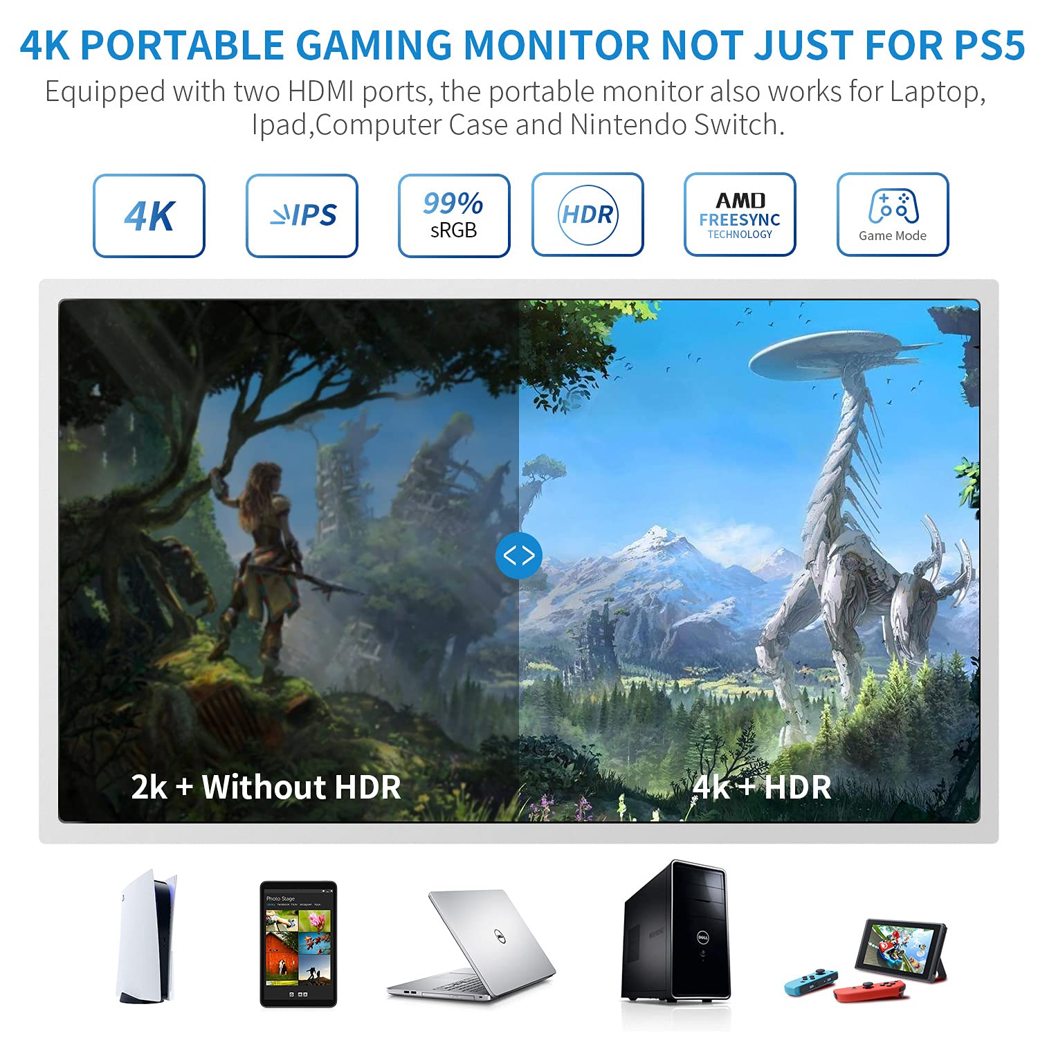 G-Story 15.6" Inch IPS 4k 60Hz Portable Monitor Gaming Display Integrated with PS5(Not Included) 3840×2160 with 2 HDMI Ports,FreeSync,Built-in 2 of Multimedia Stereo Speaker,UL