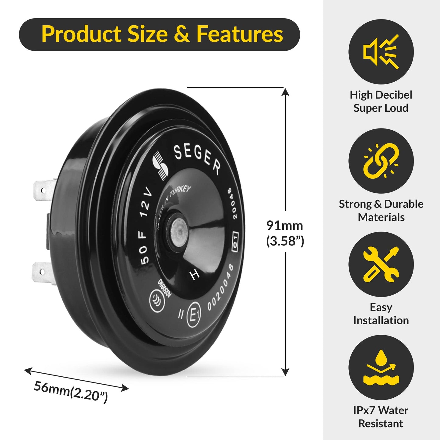 SEGER Bocina de disco - Serie 50F, 12V, tono alto, impermeable, ajuste universal, bocina de camión fuerte con soporte de montaje