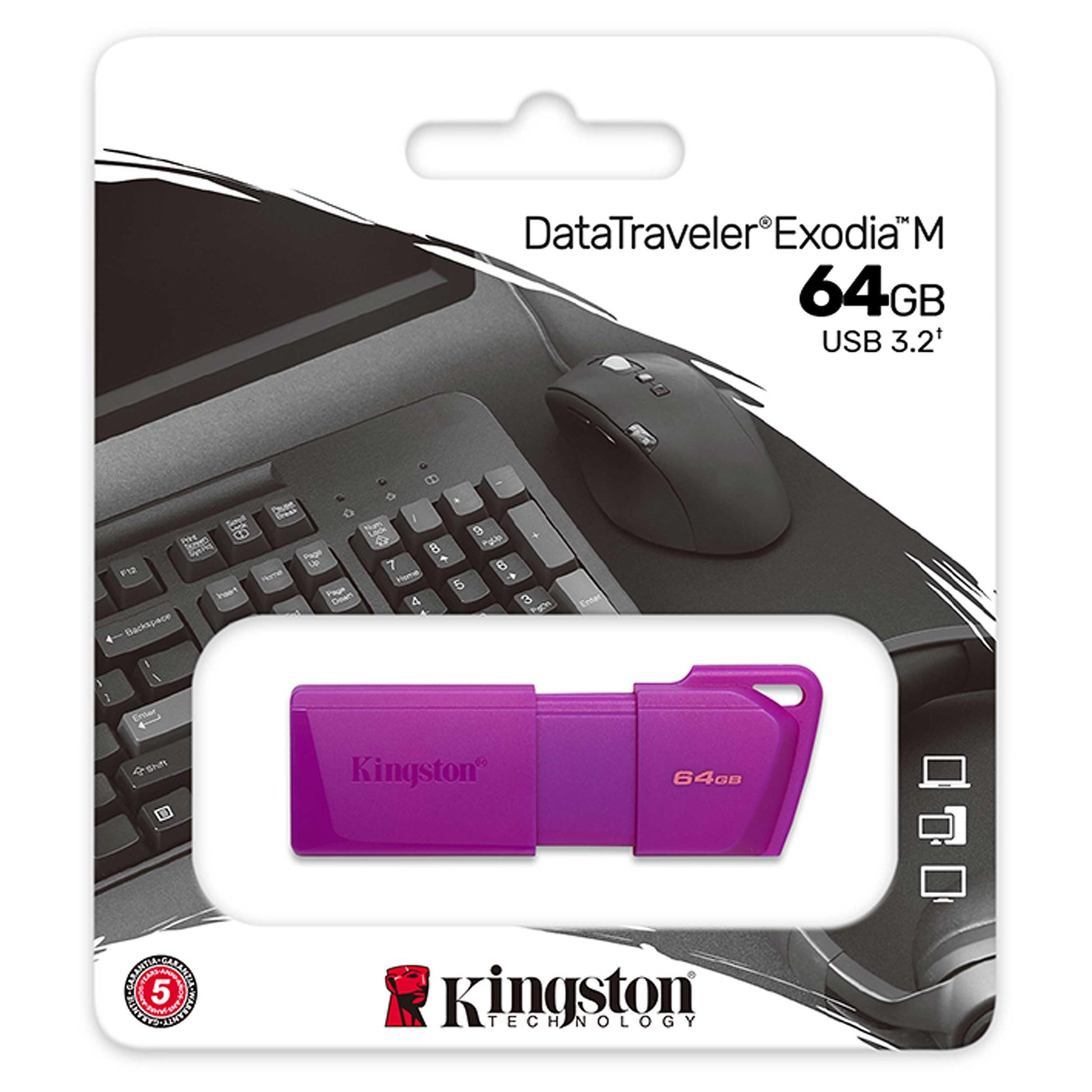 Kit de 5 Memorias Kingston 64GB USB 3.2 Gen 1 EXODIA Color PURPURA (KC-U2L64-7LP) Diseño de capuchón móvil para Proteger el Conector USB estándares de calidad y confiabilidad del sector.