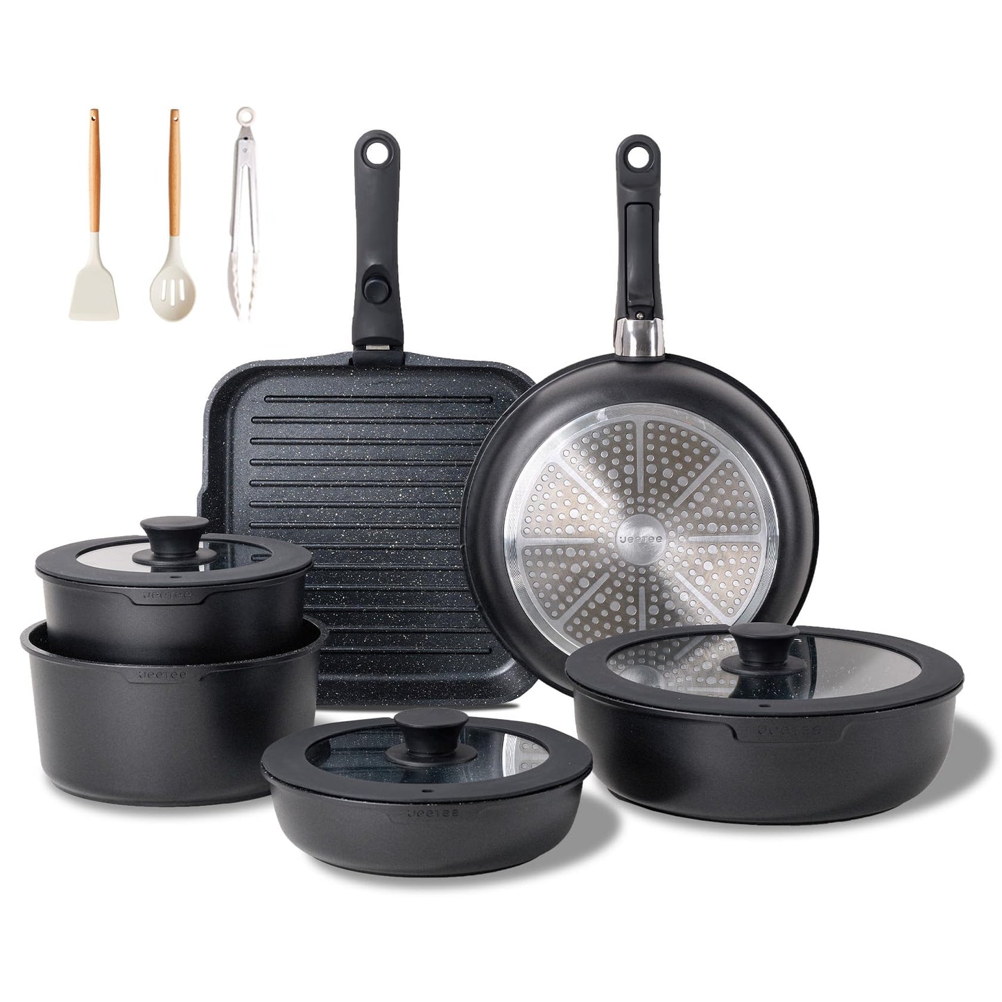 JEETEE - Juego de ollas y sartenes antiadherentes, 26 piezas, utensilios de cocina con mango extraíble/desmontable, para cocina de inducción, apto horno, apilables, para caravana, sin PFOA, negro