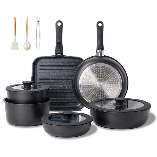 JEETEE - Juego de ollas y sartenes antiadherentes, 26 piezas, utensilios de cocina con mango extraíble/desmontable, para cocina de inducción, apto horno, apilables, para caravana, sin PFOA, negro