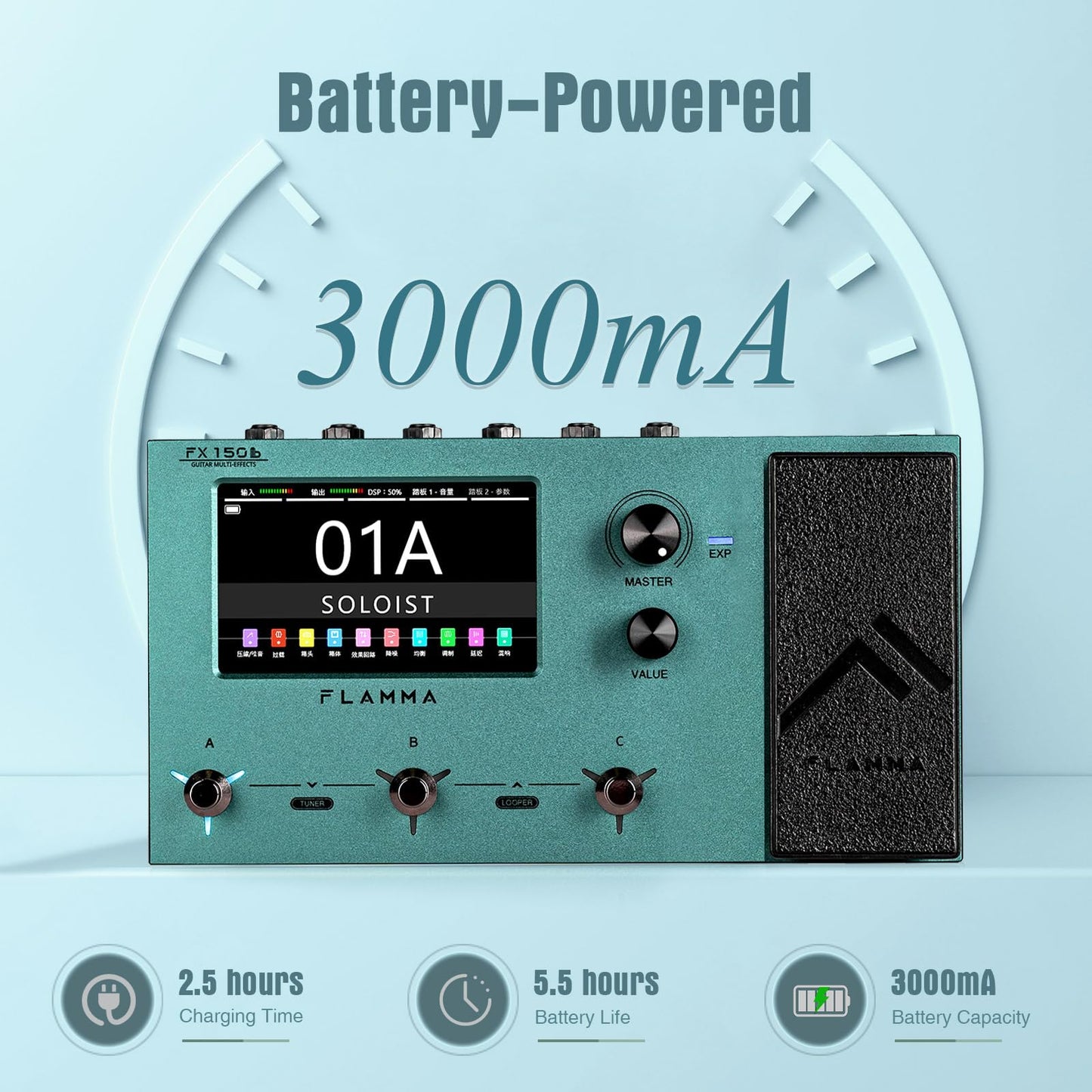 Pedal Multiefectos Flamma FX150B Negro con Visualización Táctil y Batería Integrada para Guitarra Eléctrica
