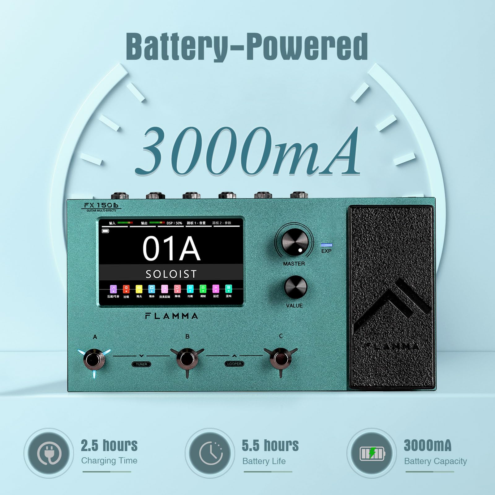 Pedal Multiefectos Flamma FX150B Negro con Visualización Táctil y Batería Integrada para Guitarra Eléctrica