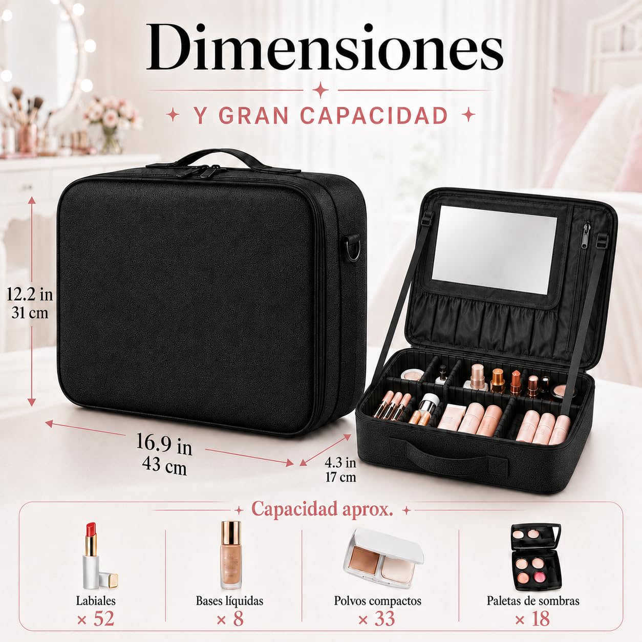 Estuche de Maquillaje 43x31x17cm, Bolsa para Maquillaje, Cosmetiquera para Maquillaje, XL Grande de Viaje 3 Capas con Espejo, Impermeable con Divisor Ajustable, para Pinceles y Herramientas de Belleza