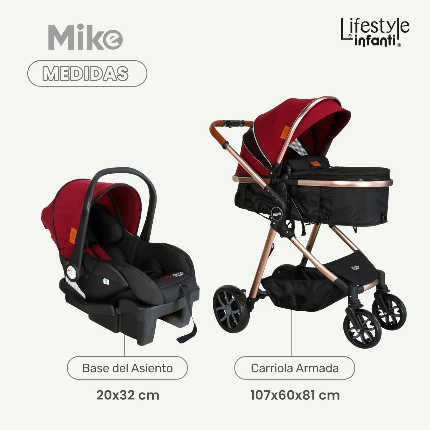 INFANTI | Carriola para Bebe MIKE Vino | Carreola con Portabebé - Carriola de Viaje Plegable - Carrito para Bebe Travel System con Asiento Reversible | Cosas para Bebes Recien Nacidos hasta 15 kg