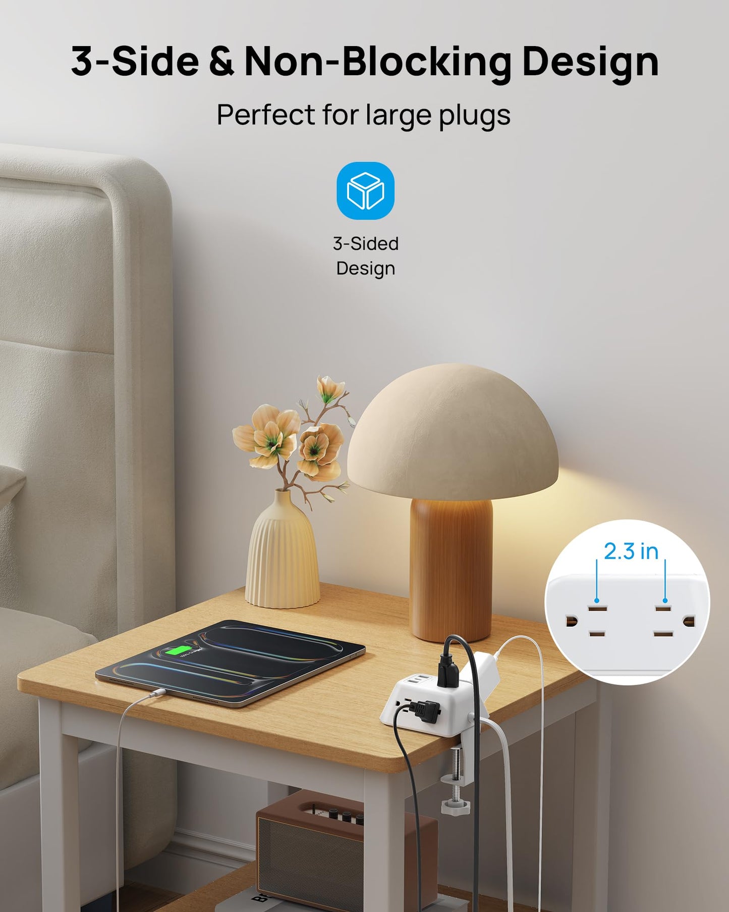 TROND Regleta Multicontacto con Abrazadera 1.8M, 5 Tomas AC y 3 Puertos USB, Protector de Sobretensión, Montaje en Escritorio, Apto para Mesas de 1.97", Ideal para Hogar, Oficina y Juegos,Blanco