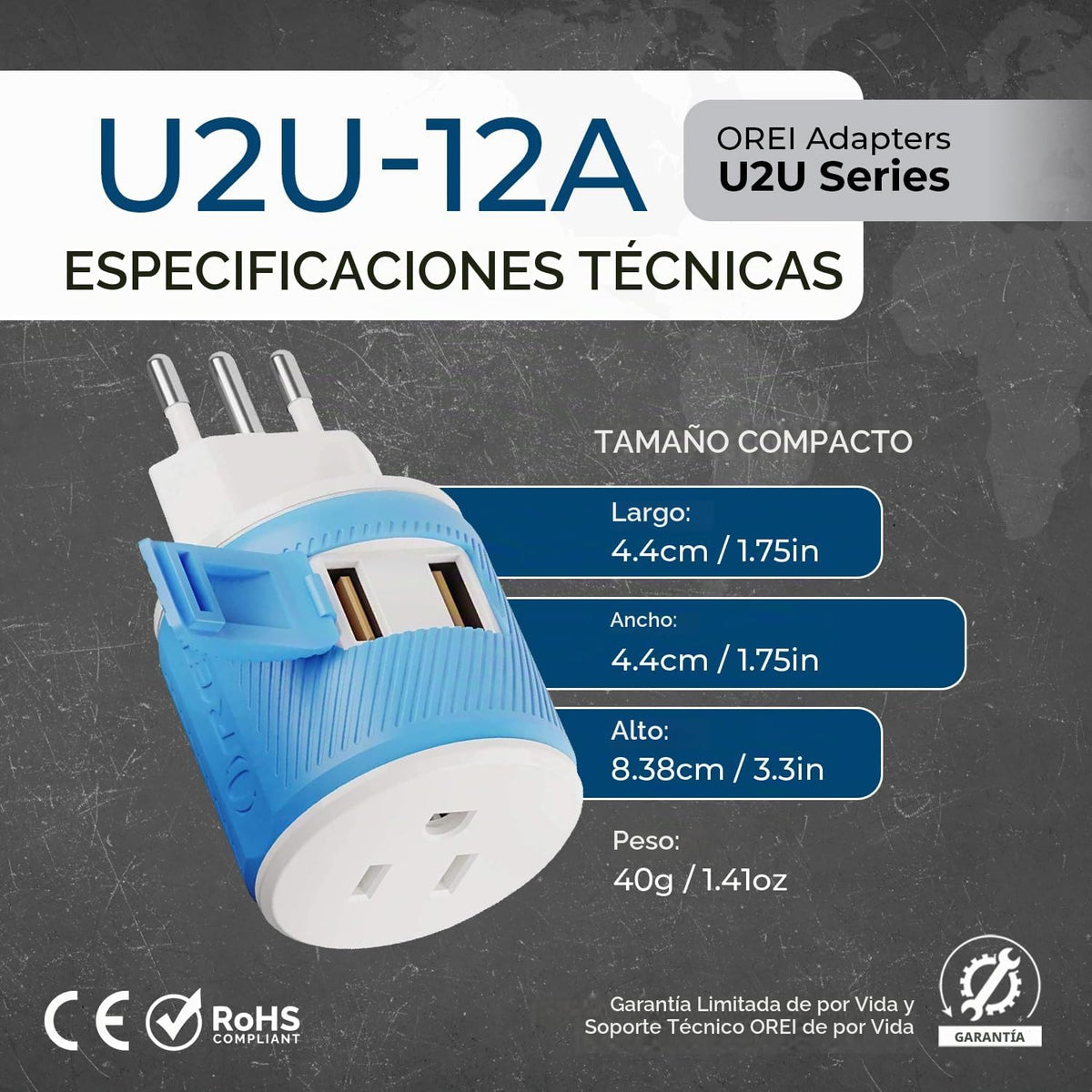 Adaptador de Enchufe de Viaje Orei Azul con Protección USB Dual Tipo L para Italia