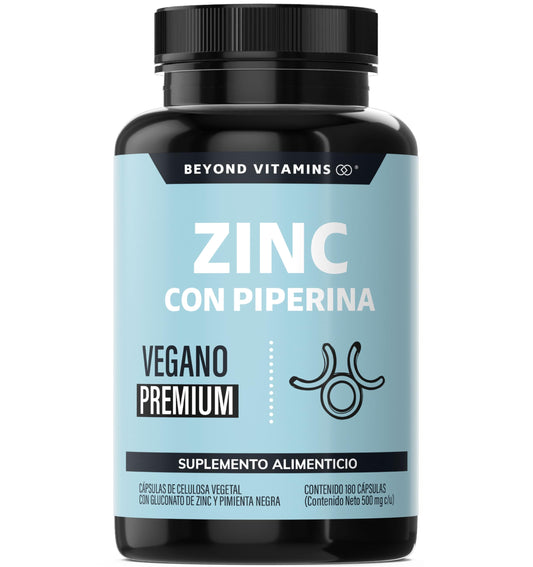 Beyond Vitamins | Zinc 20mg (Gluconato de Zinc) Potenciado con Piperina Estandarizada al 95%, Apto para dietas Veganas, Premium (180 Cápsulas)