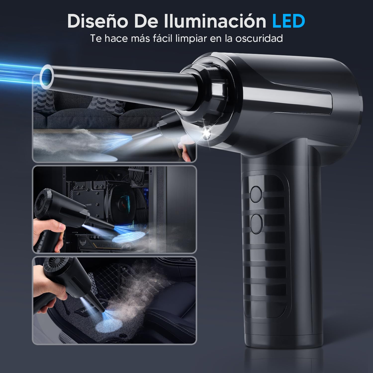 Aire Comprimido Eléctrico Inalámbrico Negro de 3 Velocidades con Luz LED para Limpiar Teclado y Pelo de Mascotas