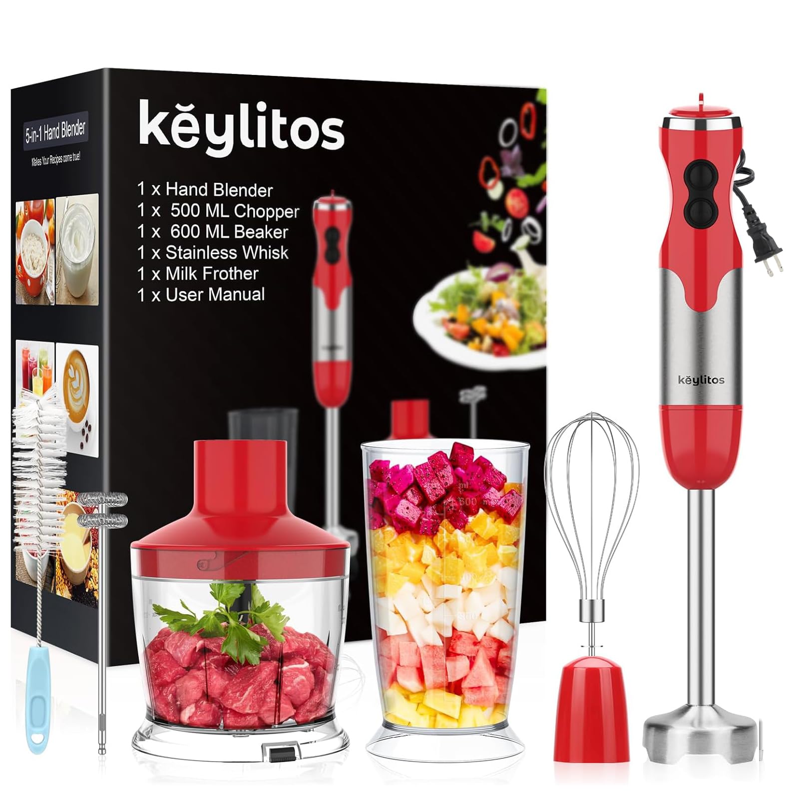 Keylitos Batidora de mano roja de 600 ml con accesorios 5 en 1, Turbo Boost y control de velocidad ajustable