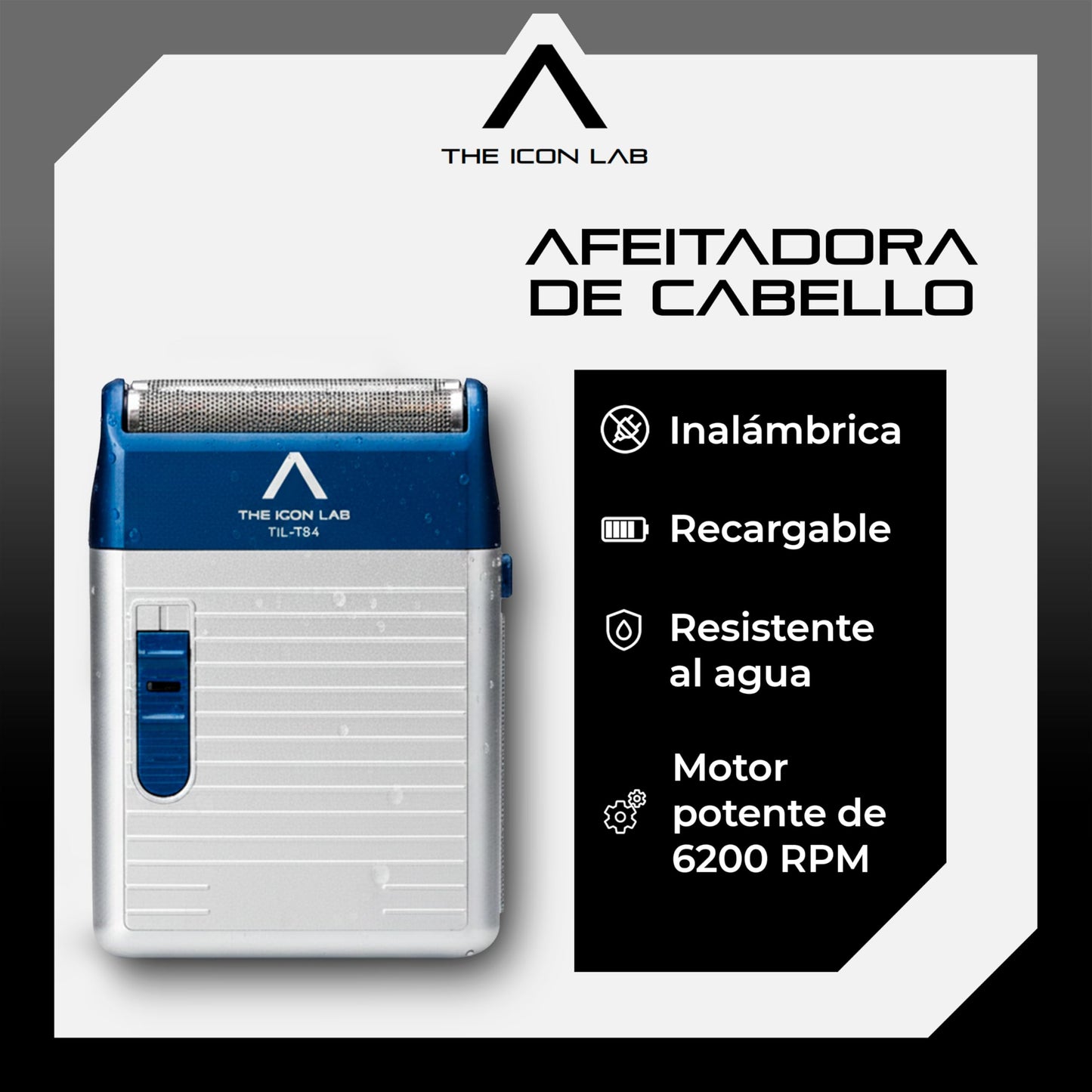 THE ICON LAB | Afeitadora Eléctrica Inalámbrica | Motor 6 200 RPM | 150 Min de Uso | 2 Cuchillas Magnéticas “Panales” | Resistente al Agua | Indicador LED | Carga USB | Máquina de Afeitar para Hombre
