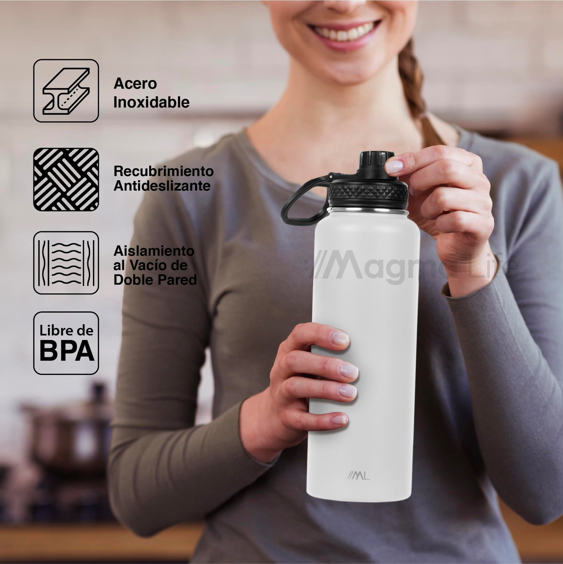Magma Life Termo para Café y Agua de Acero Inoxidable 40 Oz (1200 ml): Contiene 3 Tapas para Diferentes tipos de Bebidas, Ideal para Mantener la Temperatura Deseada (White)