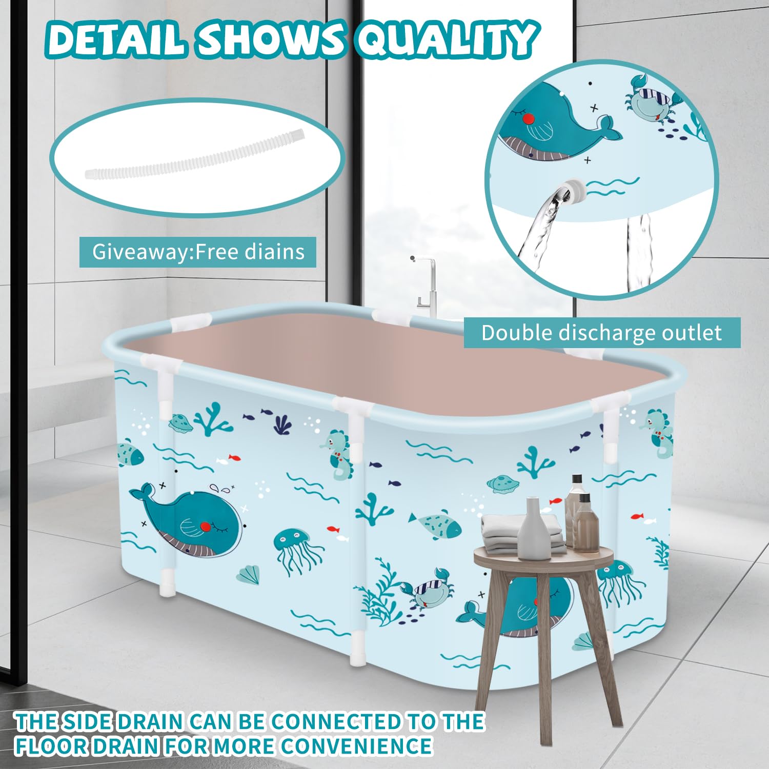 Bañera plegable portátil, bañera plegable para adultos, bañeras independientes, bañera de hidromasaje, bañera de hielo, baño familiar, SPA, 120 x 50 x 55 cm, peces