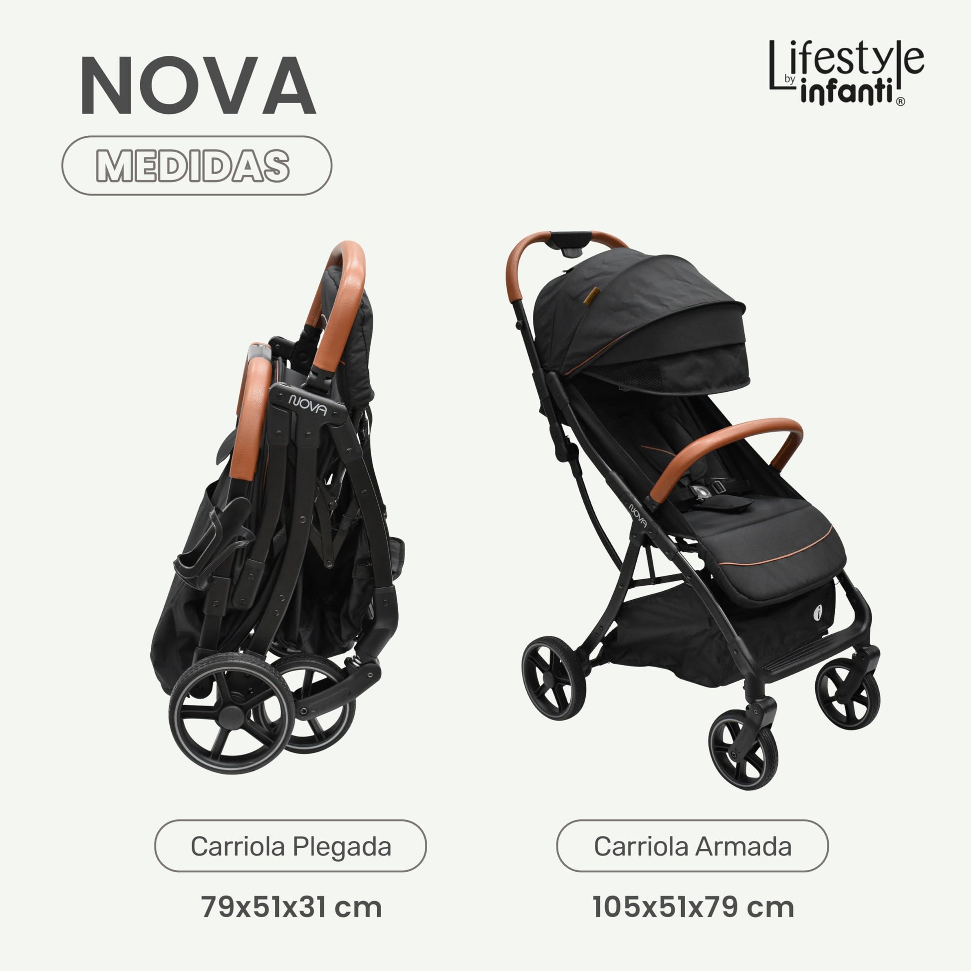 INFANTI | Carriola para Bebe Nova Negro Lifestyle | Carreola Bebé con Plegado Automático y Compacto con Arnés de 5 Puntos - Toldo Completo con Visera y Ventanilla | Reclinación Ajustable y Canastilla
