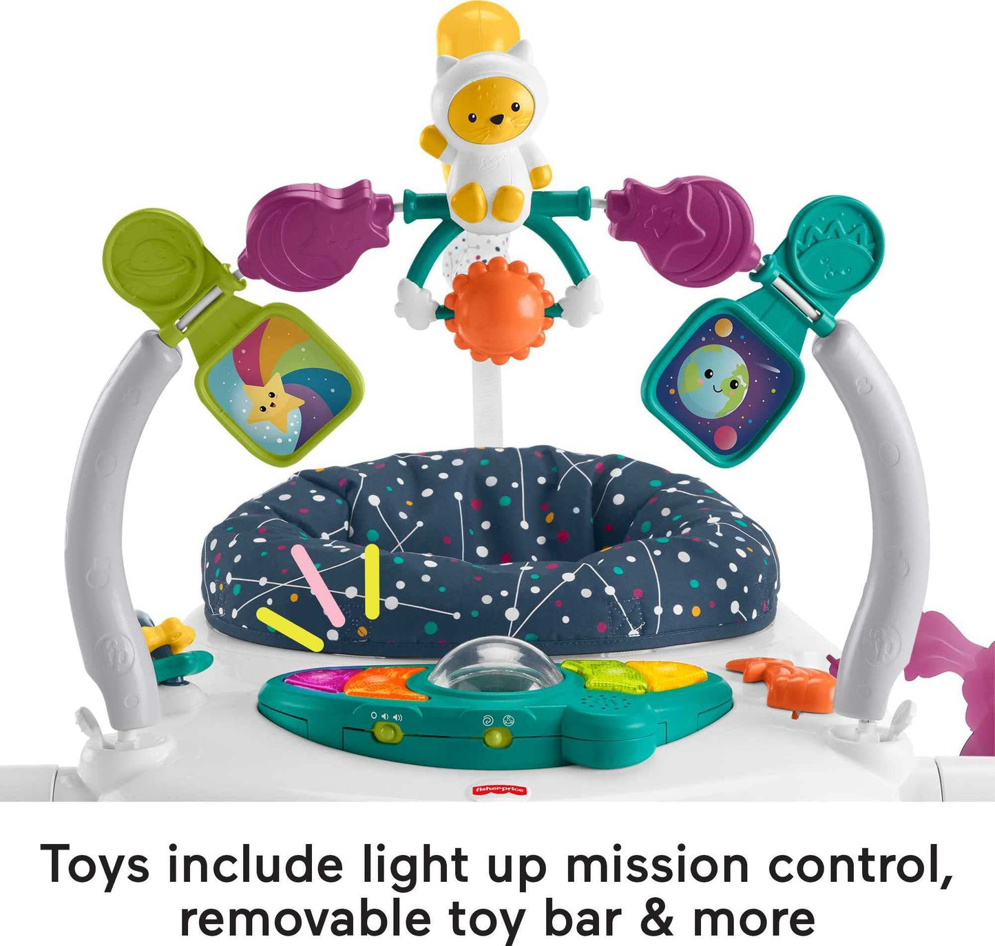 Fisher-Price Jumperoo - Centro de actividades para bebés con luces y sonidos, Astro Kitty SpaceSaver