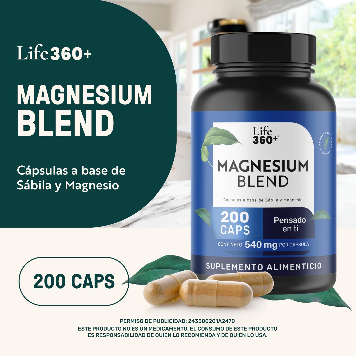 LIFE 360+ MAGNESIUM BLEND|Con 4 Magnesios: Oxido, Glicinato, Gluconato y Citrato de Magnesio | Cápsulas a base de colágeno hidrolizado, magnesio y vitaminas | Suplemento Alimenticio | 200 cápsulas