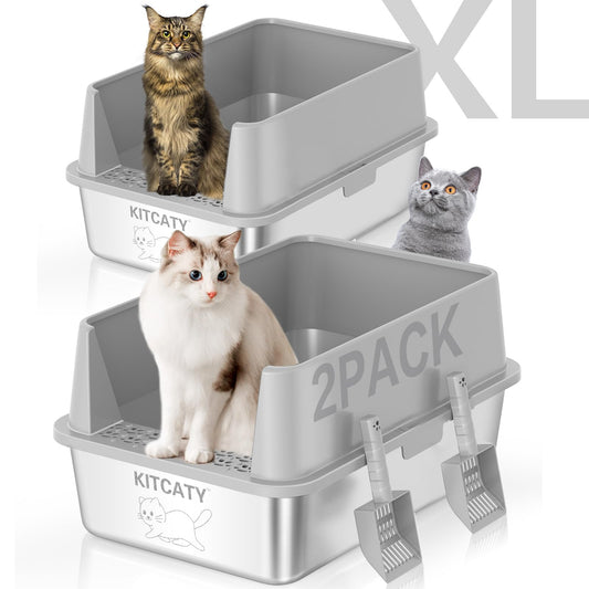 Caja de Arena de Acero Inoxidable XL de Lados Altos a Prueba de Fugas para Gatos Grandes