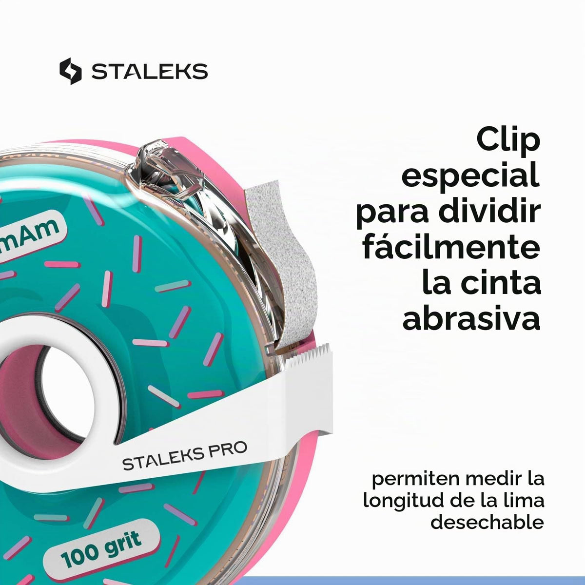 STALEKS PRO Cinta adhesiva abrasiva blanca desechable papmAm Expert – Grano 100 – Rollo de 7m en estuche de plástico – Abrasivo reemplazable sin pegamento – Para dar forma profesional a las uñas
