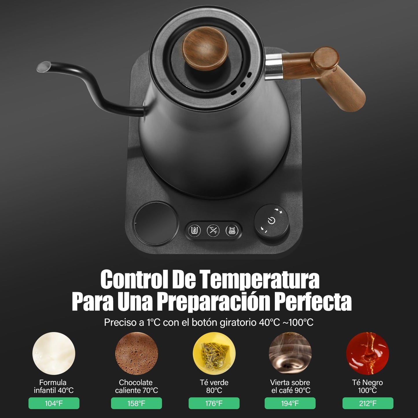 Hervidor Eléctrico de Cuello de Cisne de 1 L, Control de Temperatura Preciso de 1°C, Interior de Acero Inoxidable, 1200 W, Adecuado para la Preparación de Café Profesional., Negro Mate