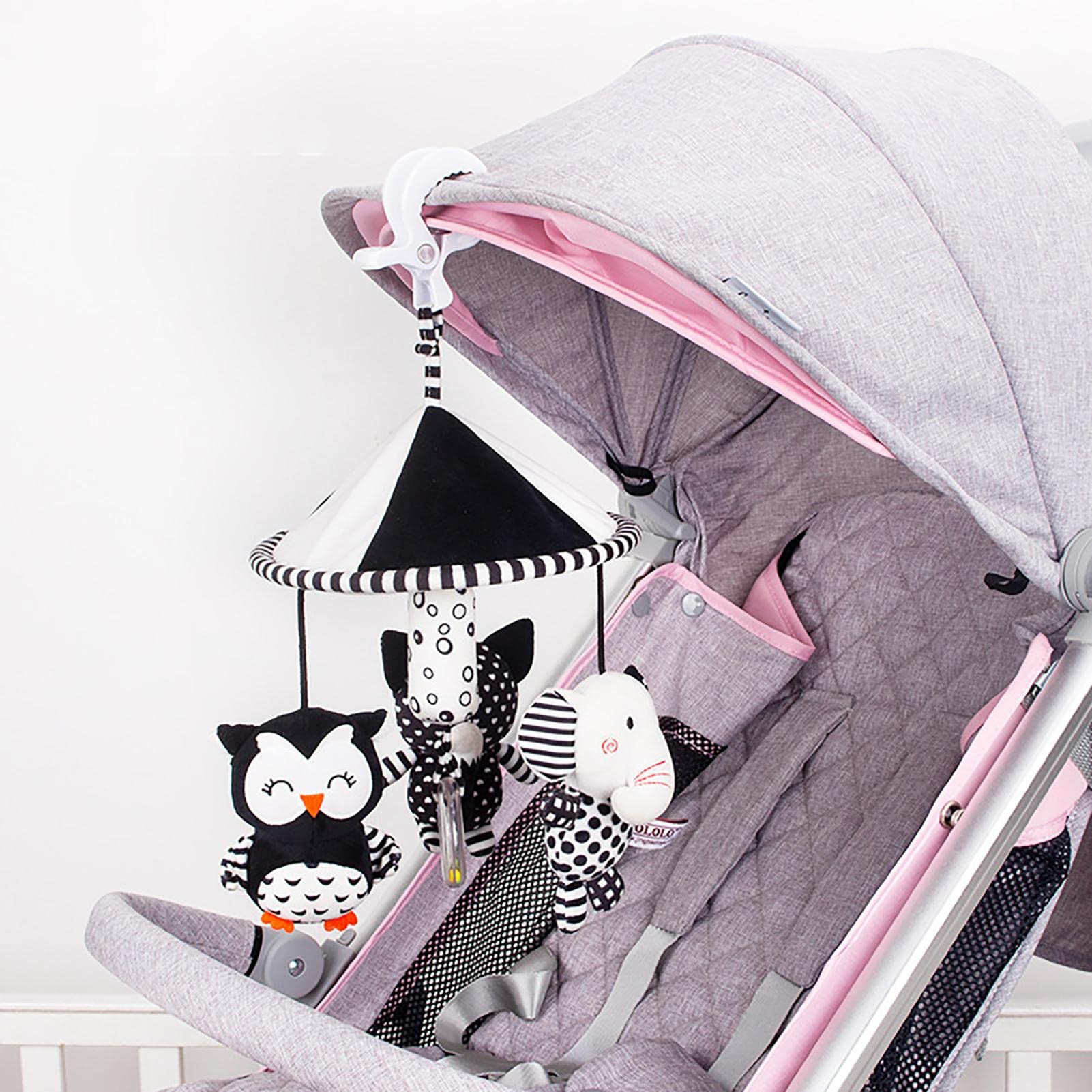 Cuna móvil – Chupete móvil en blanco y negro | Cuna portátil decoración la selva juguetes reconfortantes peluche búho elefante muñeca recámara decoración cabina Sritob