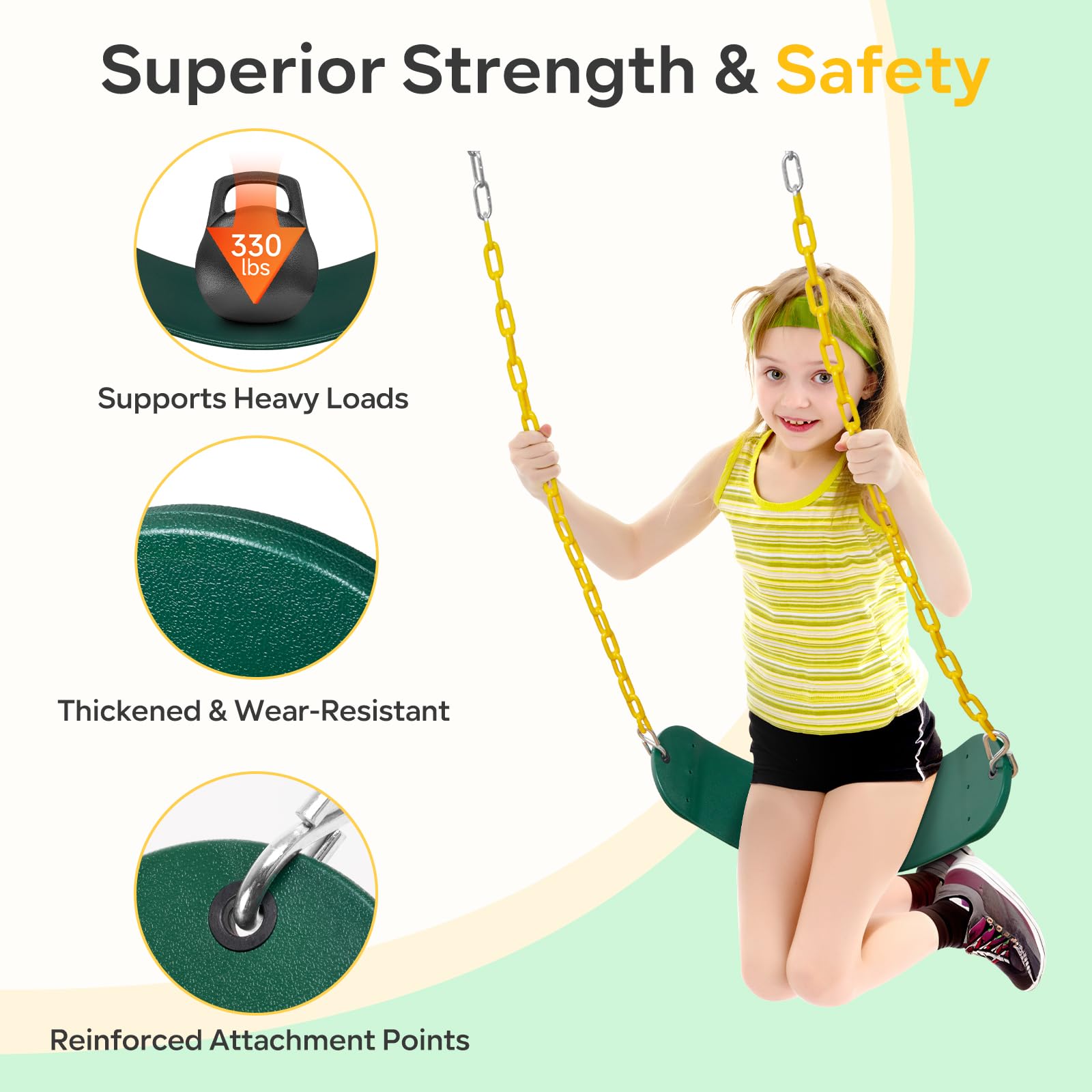 DECORLIFE - Kits de repuesto de asiento oscilante – Cadenas recubiertas resistentes para niños y adultos, soporta 350 libras, juegos de columpios totalmente ensamblados para exteriores con correas de
