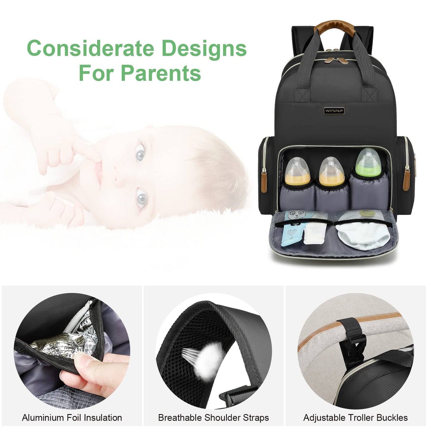 WITSTEP - Mochila para pañales con estación de cambio, organizador de pañales para bebés, para mamás, papás, bolsas grandes para cambiar de bebé, Negro, Medium-Large, Bolsa de pañales con cambiador
