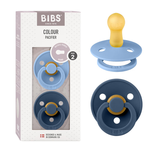 BIBS Chupones Colour Pack de 2, Tetina redonda de látex natural, Talle 2, Color Sky Blue/Steel Blue, 6 a 18 meses, Hecho en Dinamarca