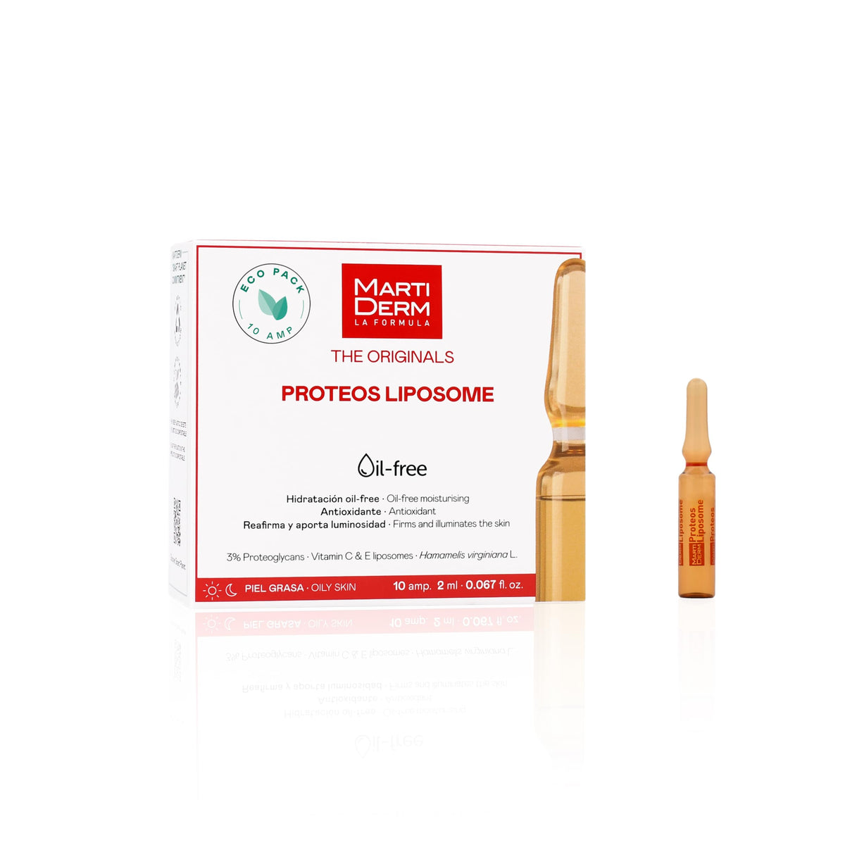MartiDerm Proteos Liposome Ampolletas faciales hidratantes y antioxidantes. Proteoglicanos + Vitamina C y E liposomadas. Reafirman y aportan luminosidad. Formula oli-free para piel grasa - 10 ampolletas